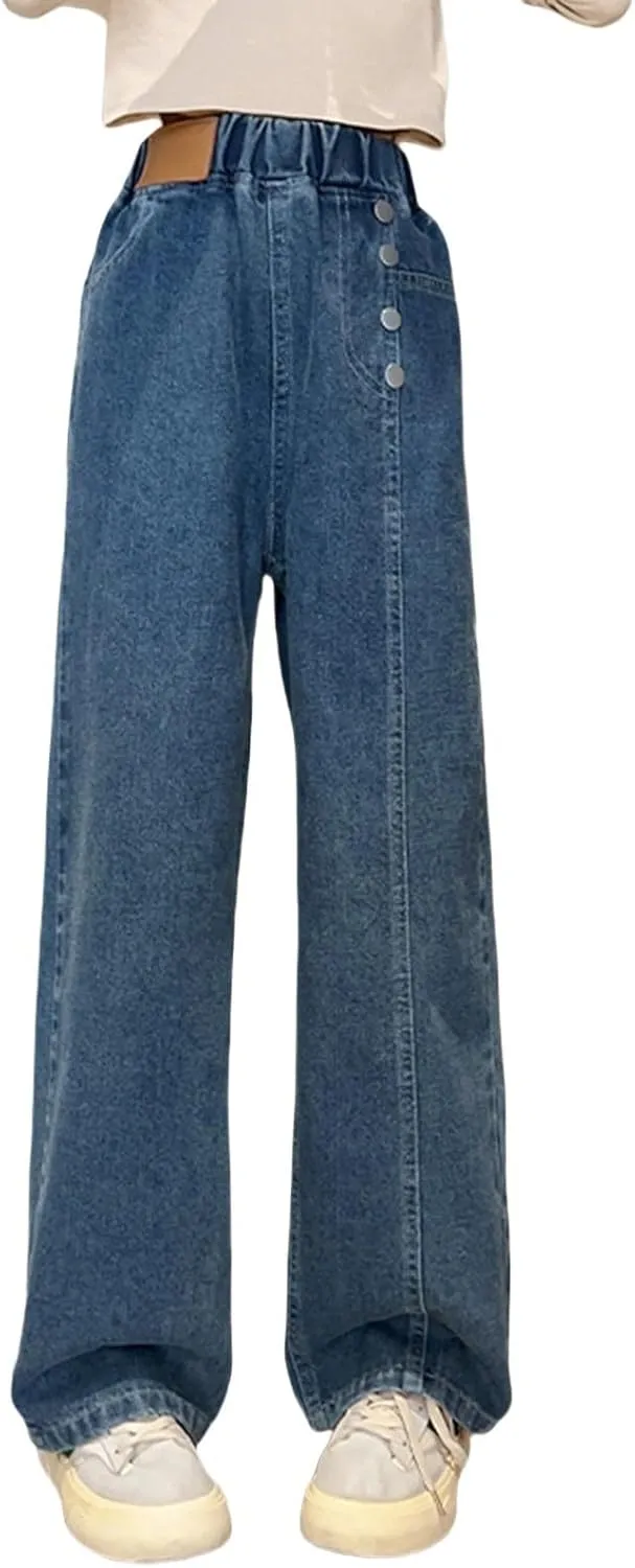 Baggy Jeans for Teen Girls Straight Leg Boyfriend Jeans Y2K Streetwear Elastic Waist Wide Leg Jeans Kids Denim Pants