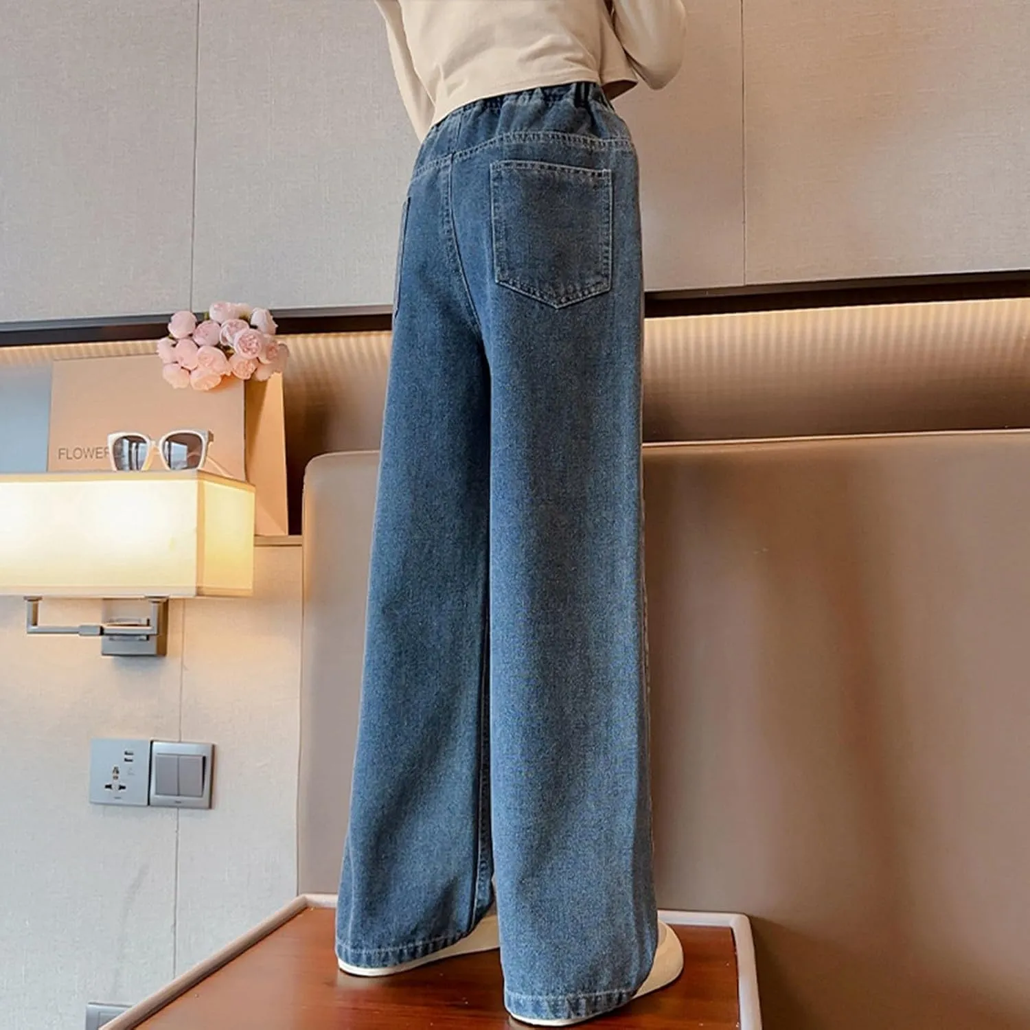Baggy Jeans for Teen Girls Straight Leg Boyfriend Jeans Y2K Streetwear Elastic Waist Wide Leg Jeans Kids Denim Pants