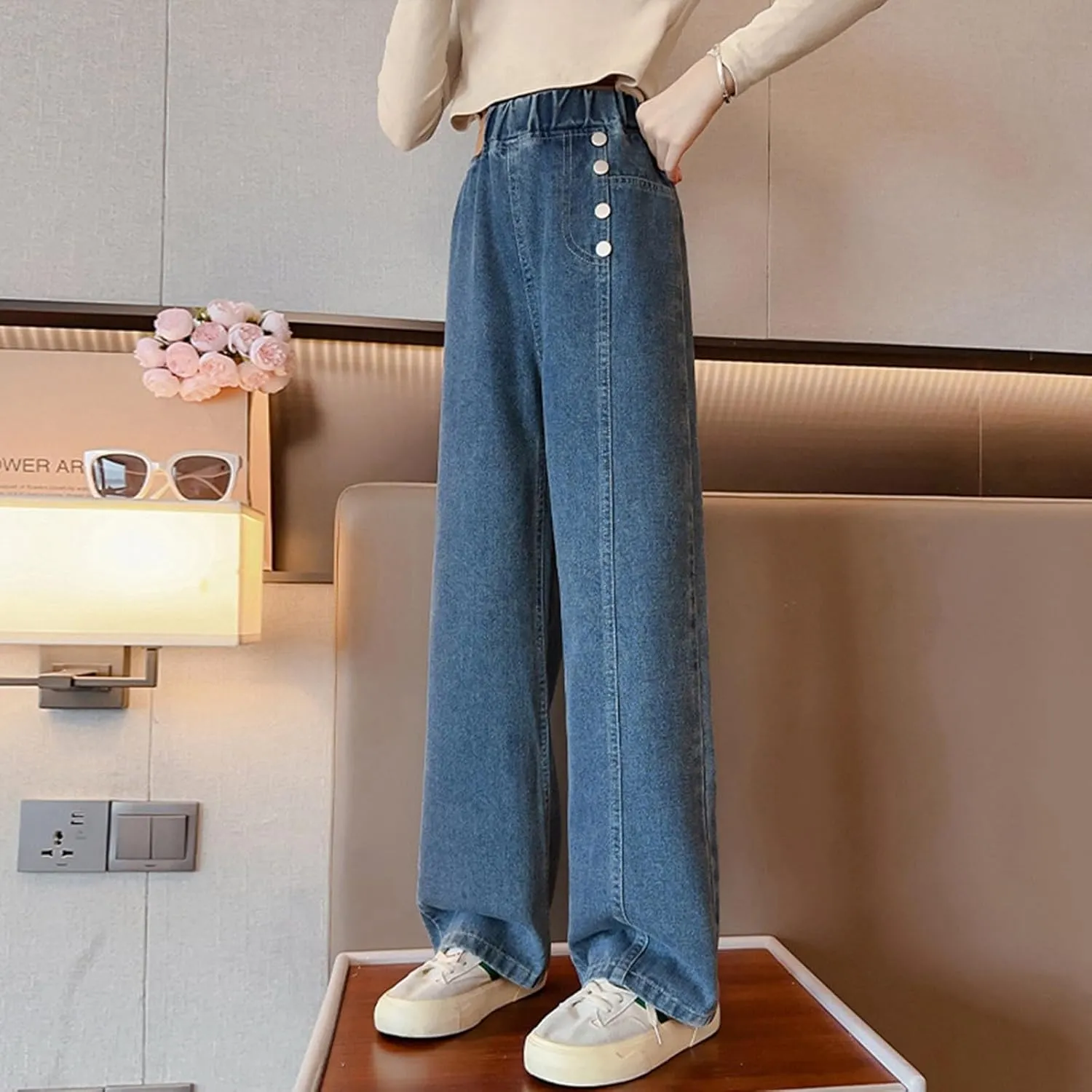 Baggy Jeans for Teen Girls Straight Leg Boyfriend Jeans Y2K Streetwear Elastic Waist Wide Leg Jeans Kids Denim Pants