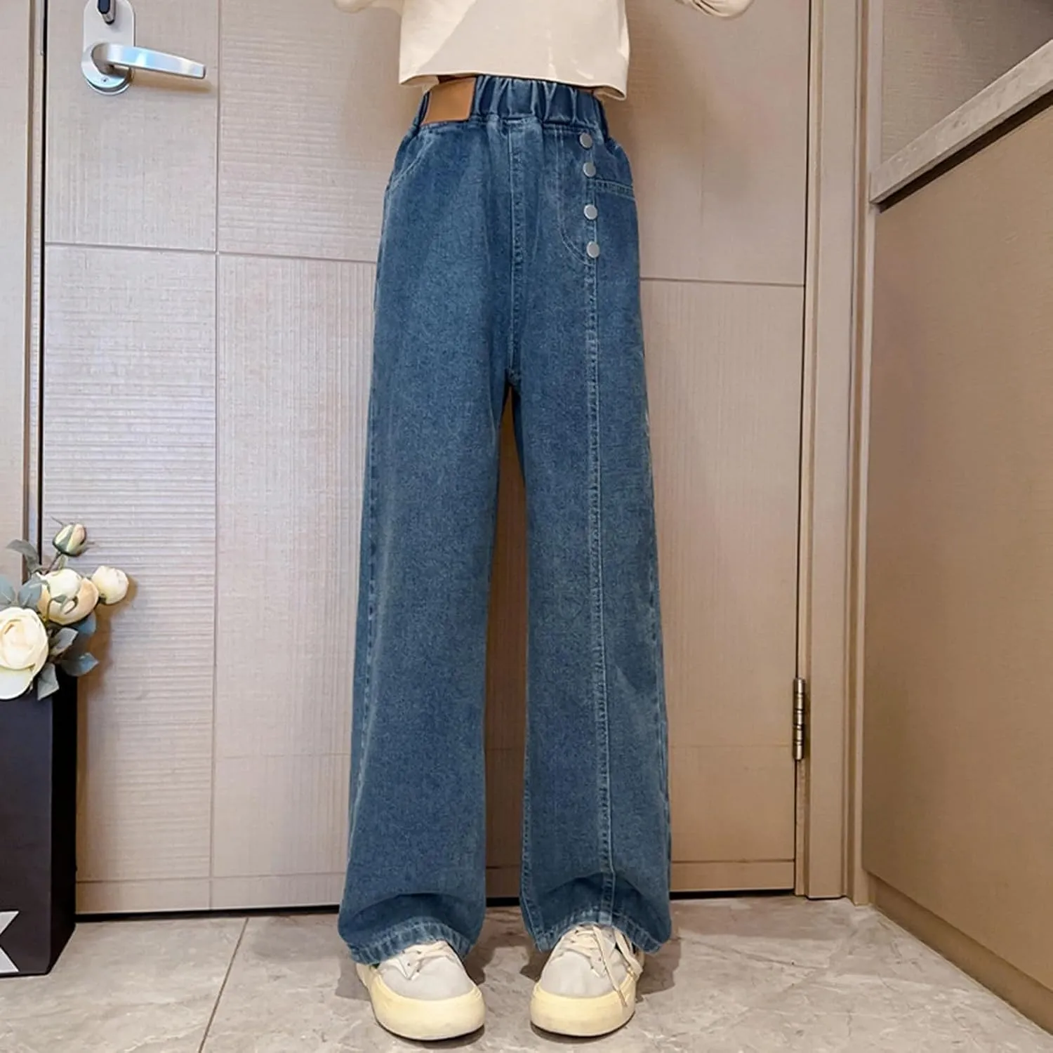 Baggy Jeans for Teen Girls Straight Leg Boyfriend Jeans Y2K Streetwear Elastic Waist Wide Leg Jeans Kids Denim Pants