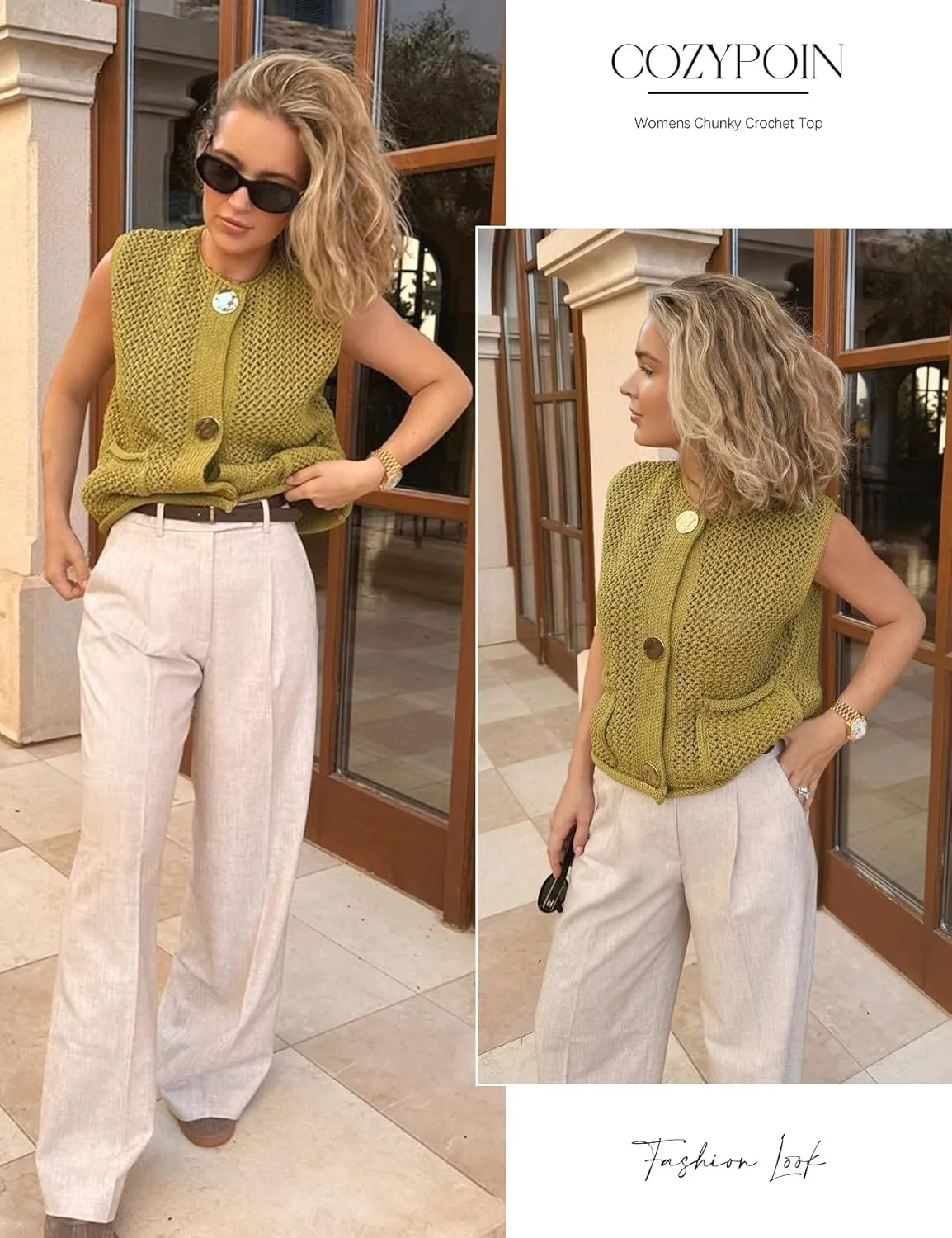 COZYPOIN Women's Sweaters Vest 2025 Button Down Sleeveless Chunky Cropped Knit Cardigan Crochet Tank Tops with Pockets