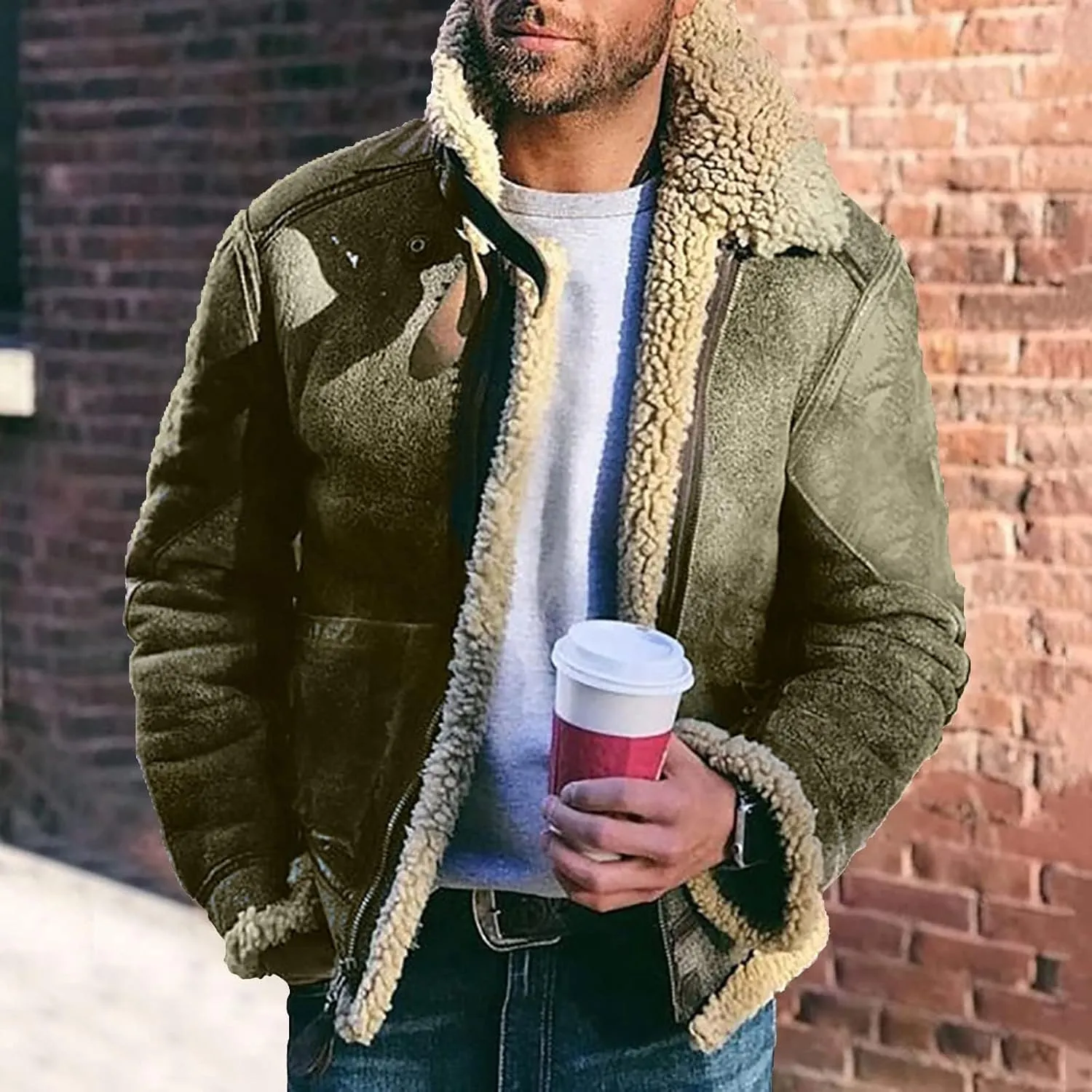 evzosrz Men's Lamb Wool Bomber Coat Faux Leather Sherpa Fleece Lined Suede Faux Fur Jackets Heavyweight Winter Warm Coats