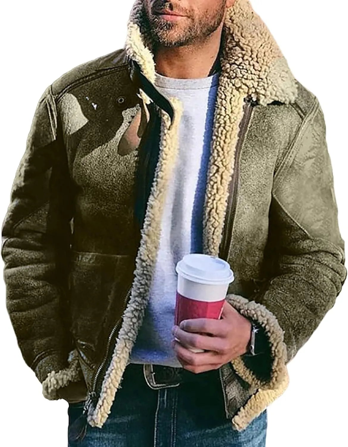 evzosrz Men's Lamb Wool Bomber Coat Faux Leather Sherpa Fleece Lined Suede Faux Fur Jackets Heavyweight Winter Warm Coats