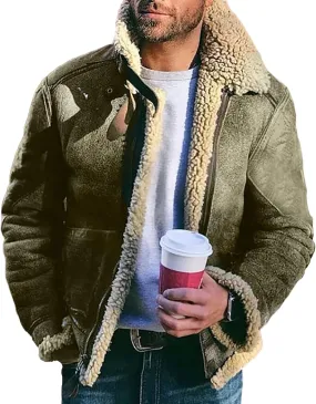 evzosrz Men's Lamb Wool Bomber Coat Faux Leather Sherpa Fleece Lined Suede Faux Fur Jackets Heavyweight Winter Warm Coats