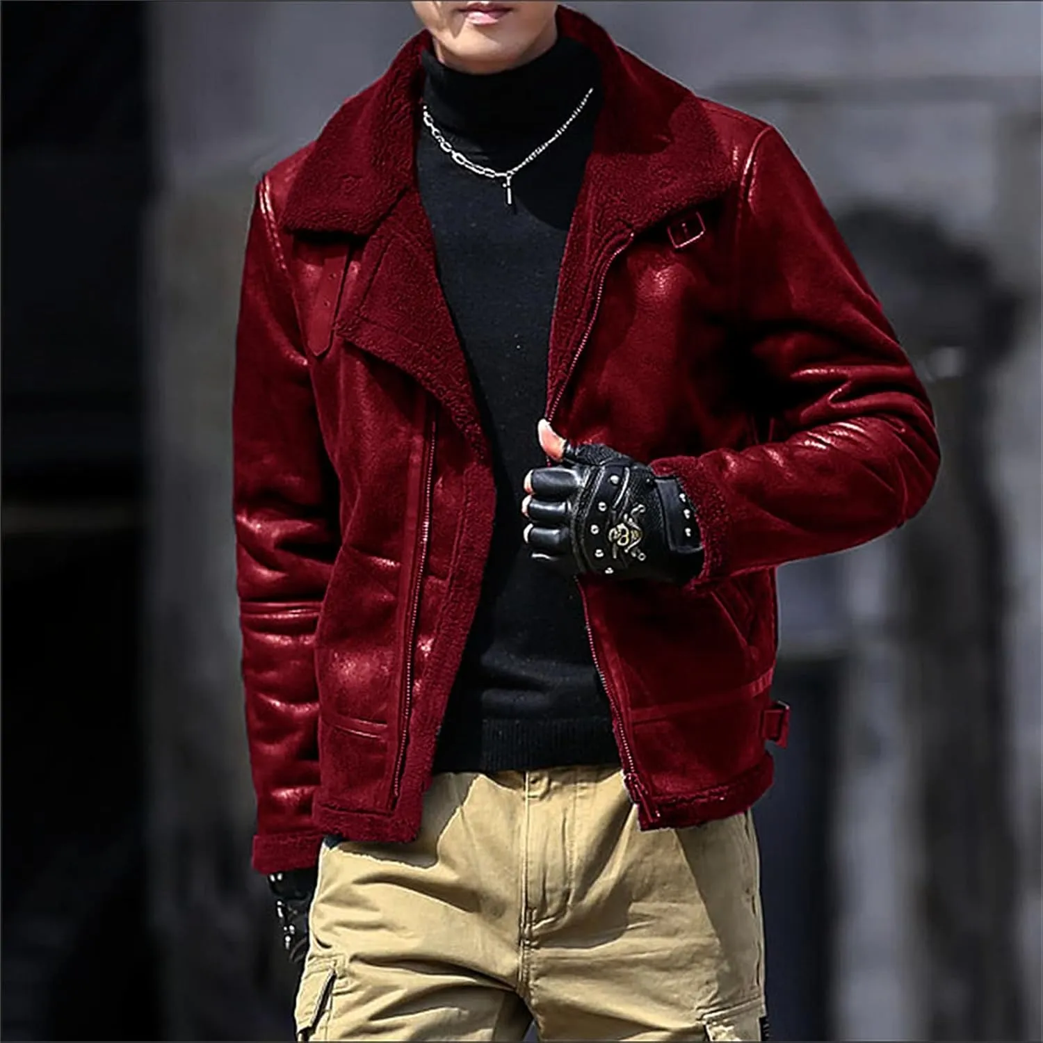 evzosrz Men's Shearling Fleece Lined Faux Leather Jacket Faux Suede Sherpa Coats Vintage Lapel Faux Fur Collar Warm Jackets