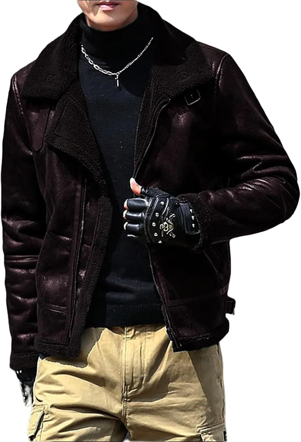 evzosrz Men's Shearling Fleece Lined Faux Leather Jacket Faux Suede Sherpa Coats Vintage Lapel Faux Fur Collar Warm Jackets
