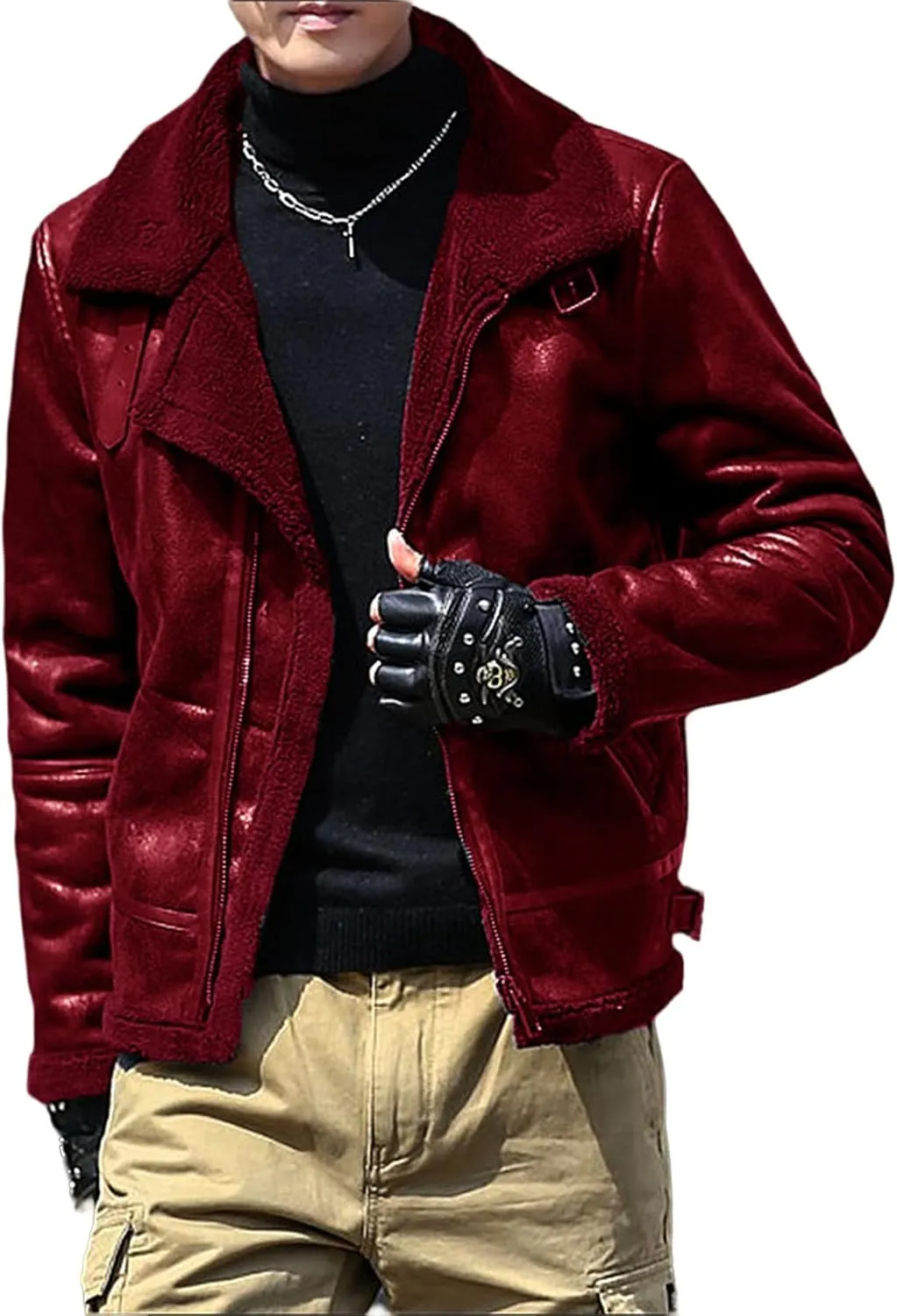 evzosrz Men's Shearling Fleece Lined Faux Leather Jacket Faux Suede Sherpa Coats Vintage Lapel Faux Fur Collar Warm Jackets