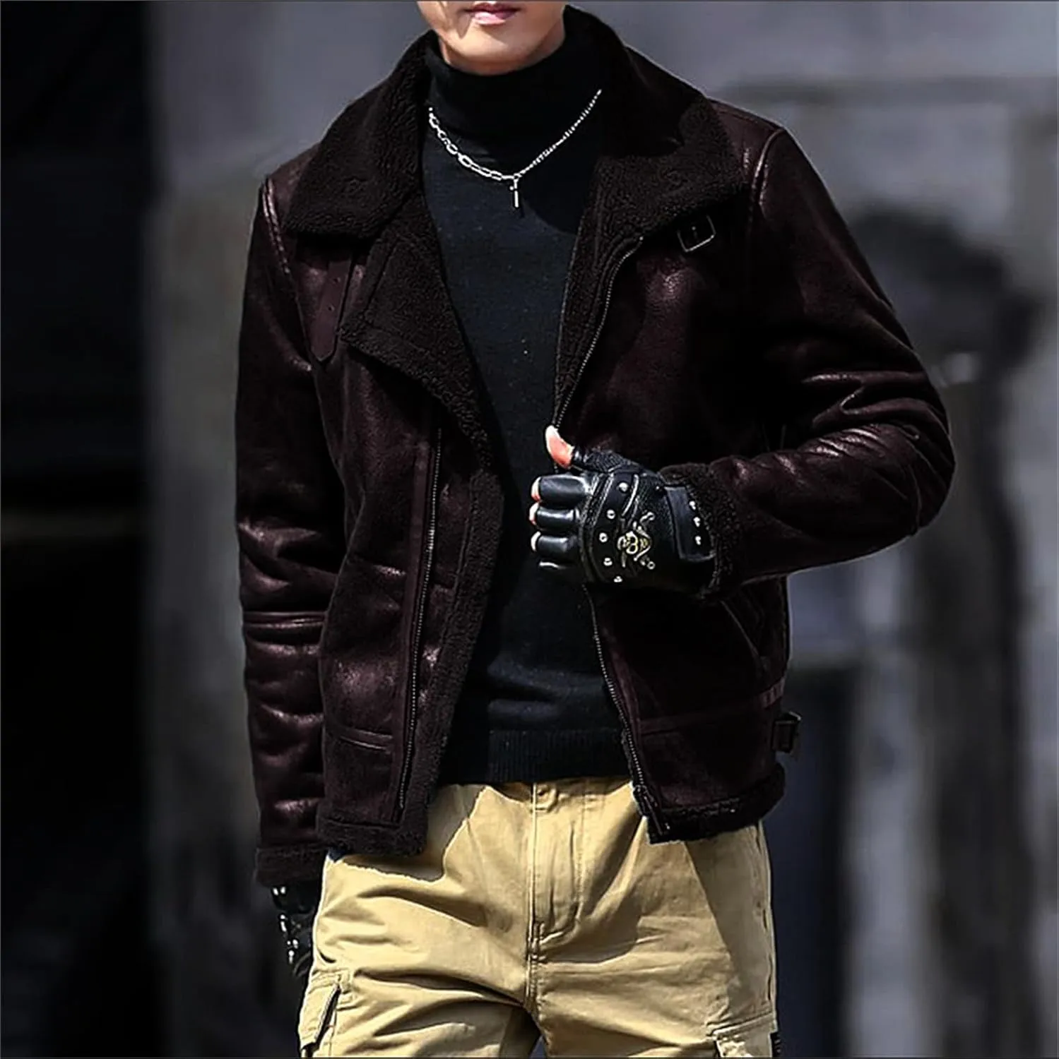 evzosrz Men's Shearling Fleece Lined Faux Leather Jacket Faux Suede Sherpa Coats Vintage Lapel Faux Fur Collar Warm Jackets