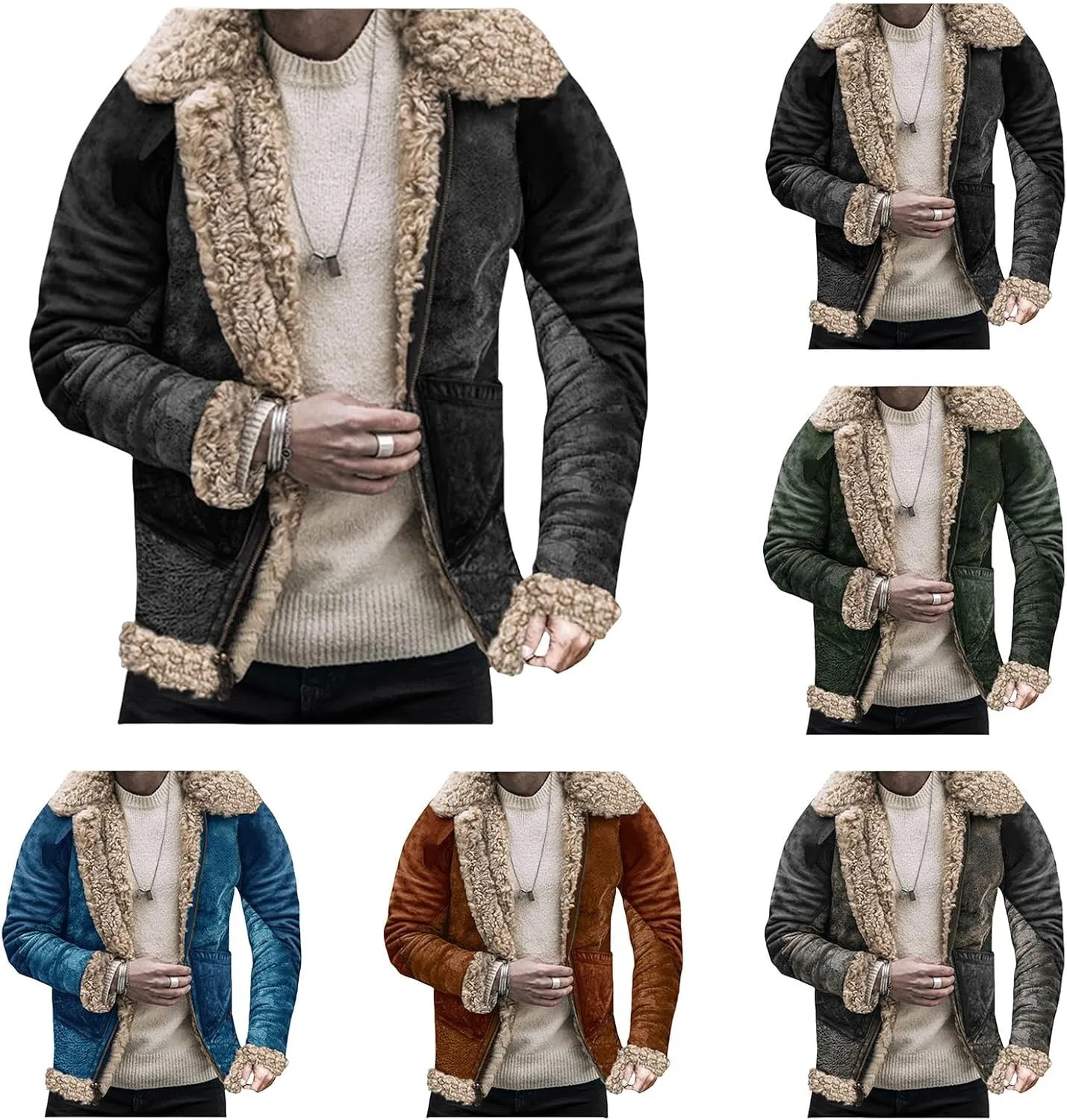 evzosrz Men's Winter Coats Faux Suede Sherpa Lined Shearling Faux Fur Jackets Thicken Winter Warm Motorcycle Bomber Jacket