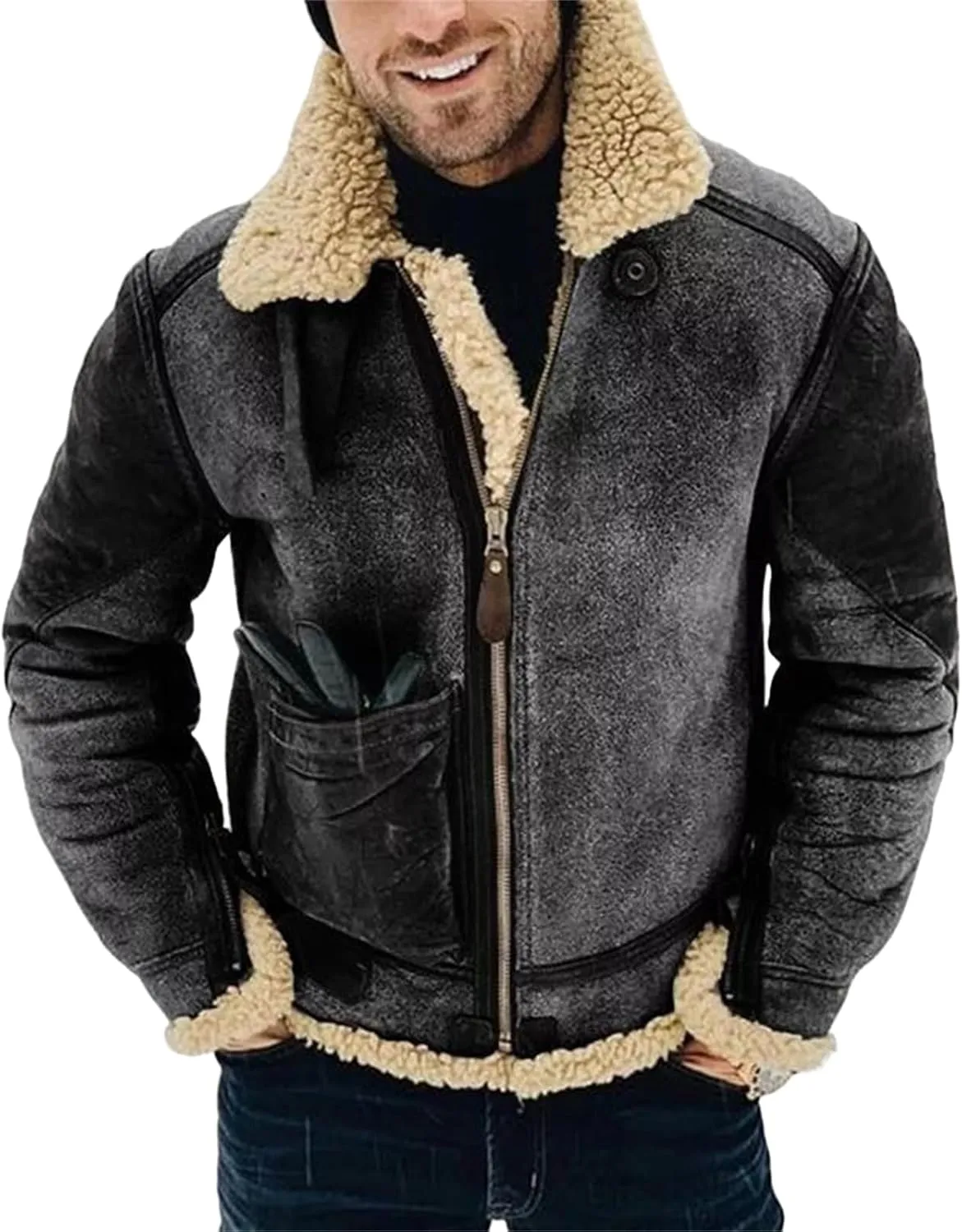 evzosrz Mens Winter Coats Shearling Faux Leather Faux Suede Sherpa Lined Lapel Thicken Warm Sheepskin Jacket Outwear Pockets