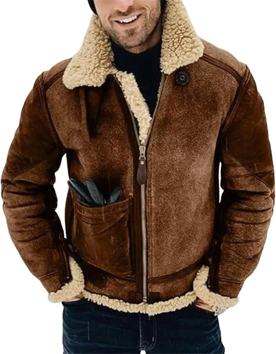 evzosrz Mens Winter Coats Shearling Faux Leather Faux Suede Sherpa Lined Lapel Thicken Warm Sheepskin Jacket Outwear Pockets