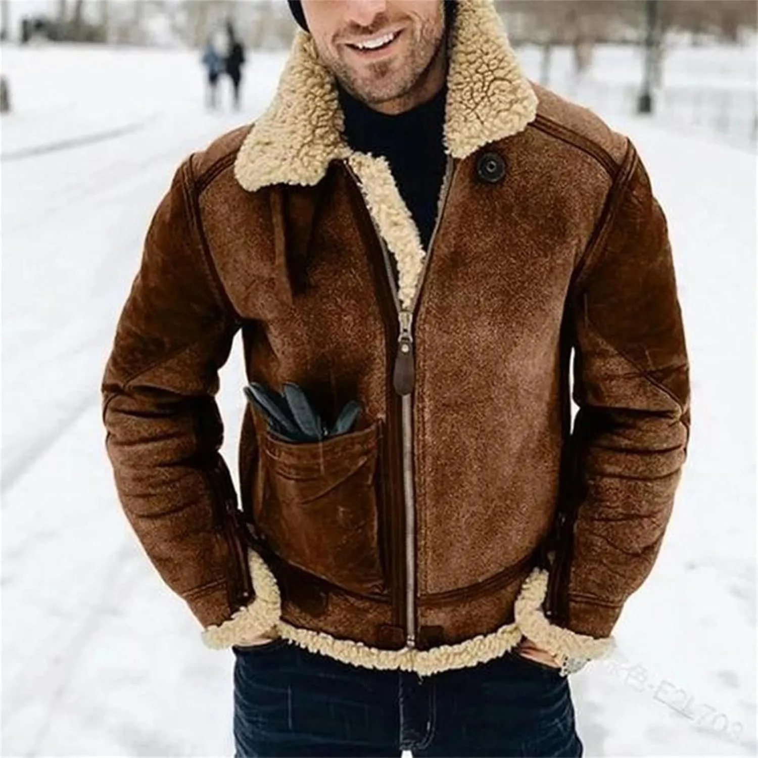 evzosrz Mens Winter Coats Shearling Faux Leather Faux Suede Sherpa Lined Lapel Thicken Warm Sheepskin Jacket Outwear Pockets