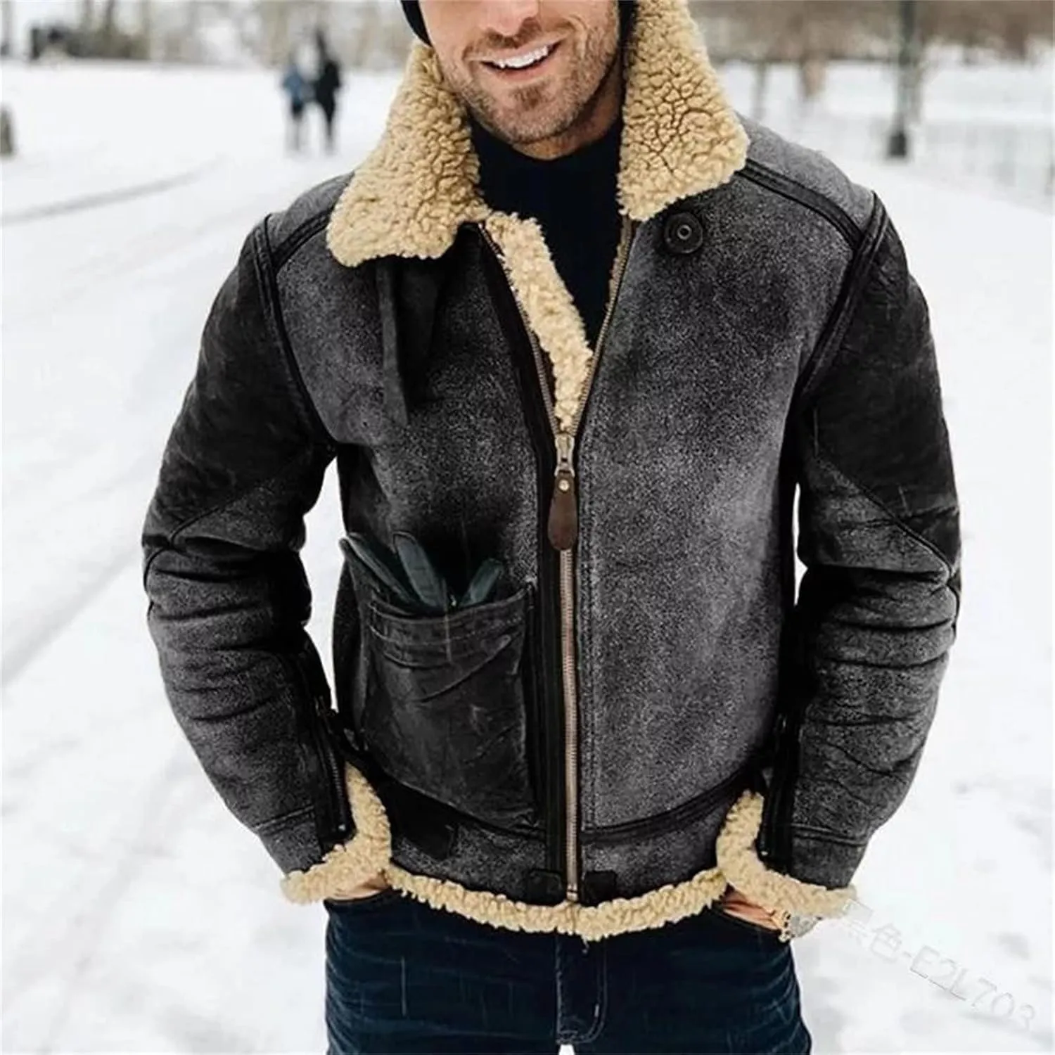 evzosrz Mens Winter Coats Shearling Faux Leather Faux Suede Sherpa Lined Lapel Thicken Warm Sheepskin Jacket Outwear Pockets