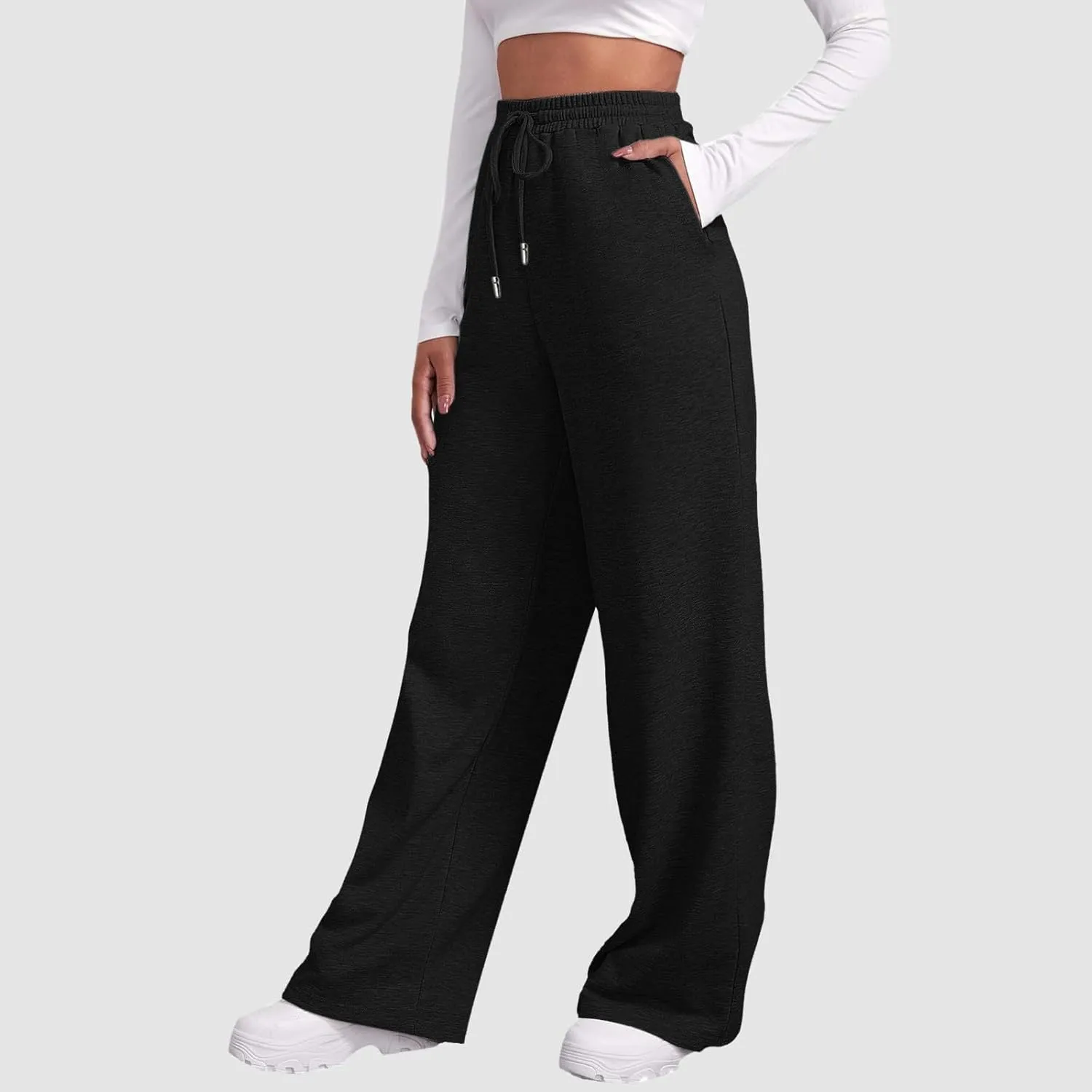 Fleece Lined Sweatpants for Women Elastic High Waist Wide Leg Joggers Pants Drawstring Soft Casual Trouser with Pocket
