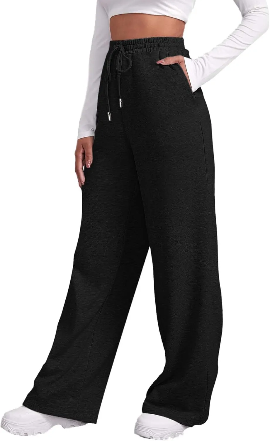 Fleece Lined Sweatpants for Women Elastic High Waist Wide Leg Joggers Pants Drawstring Soft Casual Trouser with Pocket