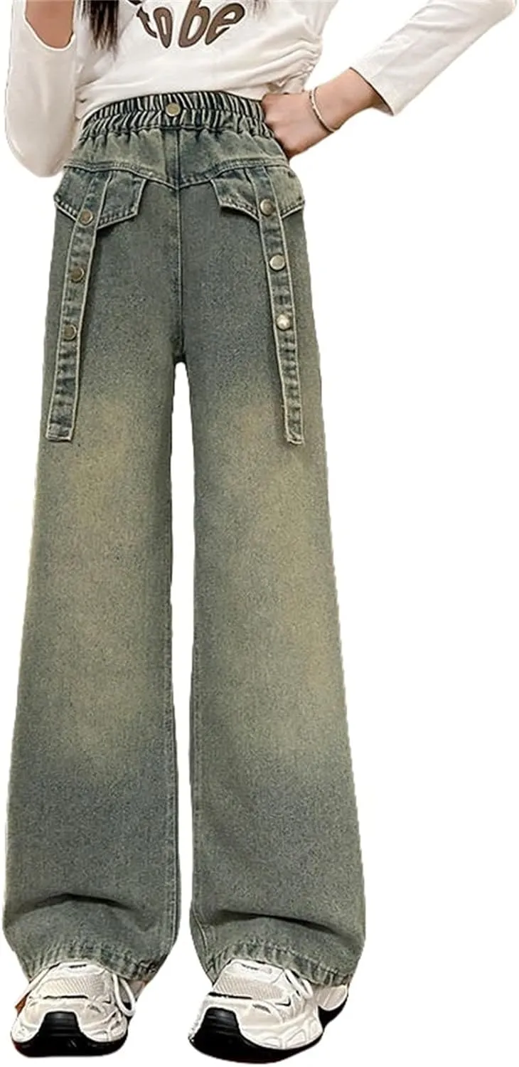 Girls Baggy Jeans Wide Leg Denim Pants Kids Straight Leg Distressed Jeans High Elastic Waist Boyfriend Jeans Streetwear