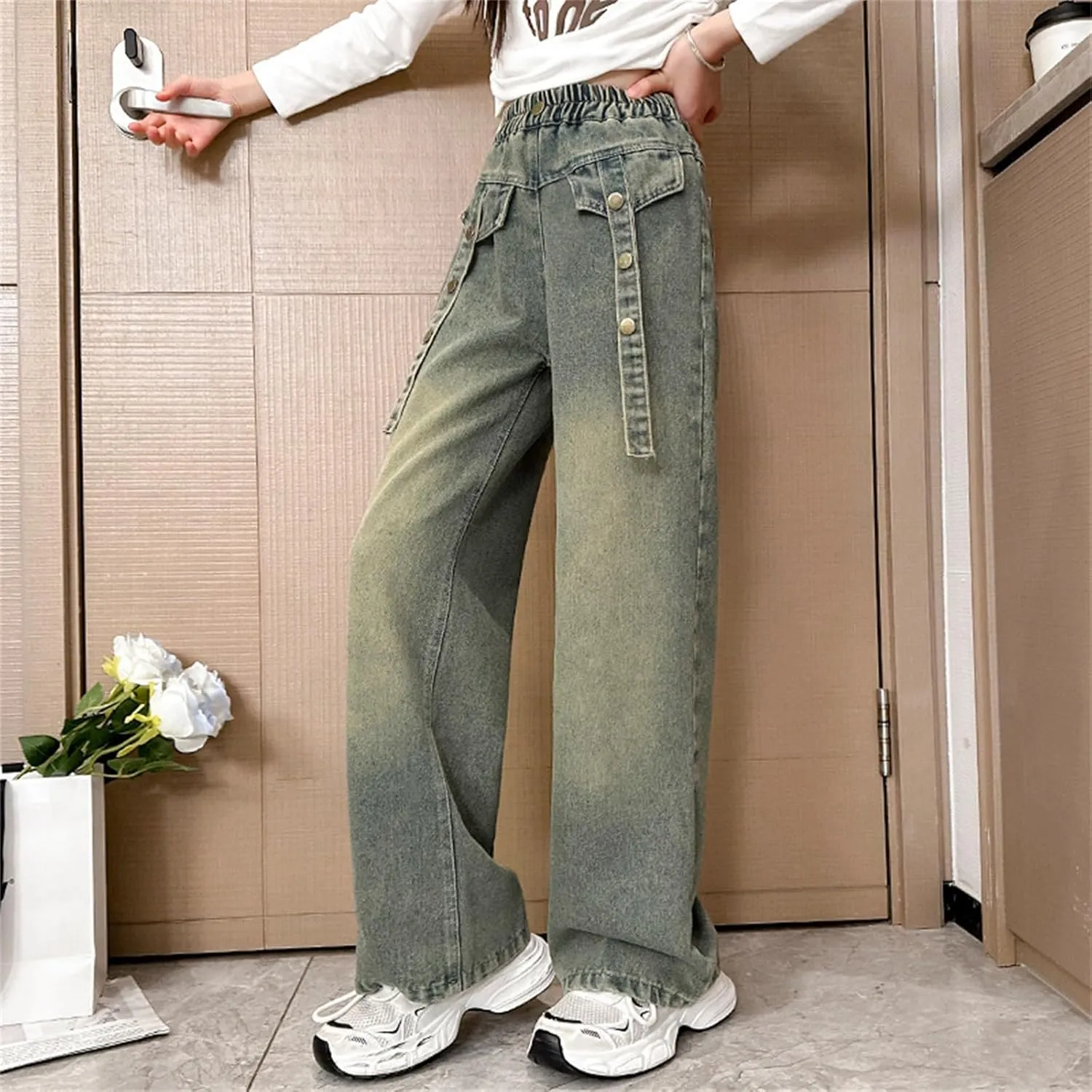 Girls Baggy Jeans Wide Leg Denim Pants Kids Straight Leg Distressed Jeans High Elastic Waist Boyfriend Jeans Streetwear