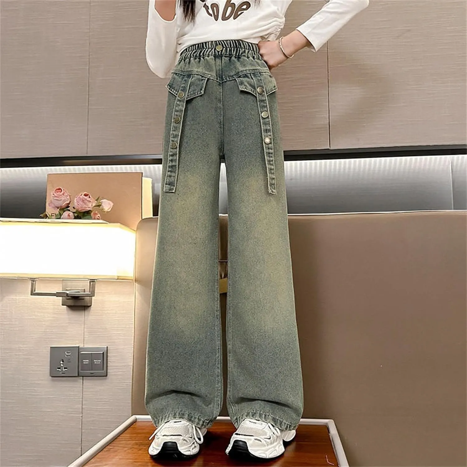 Girls Baggy Jeans Wide Leg Denim Pants Kids Straight Leg Distressed Jeans High Elastic Waist Boyfriend Jeans Streetwear