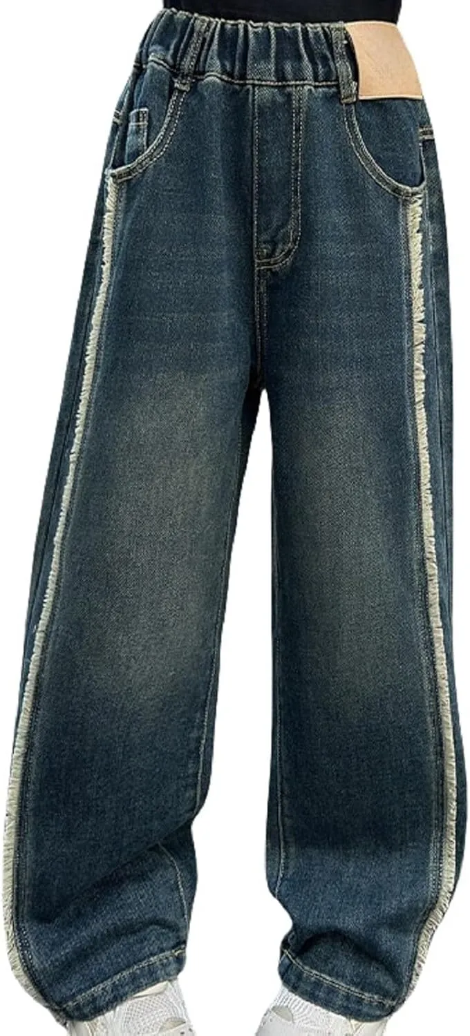 Girls Wide Leg Jeans Elastic Waist Baggy Jeans for Teen Girls Straight Leg Boyfriend Jeans Denim Pants Y2K Streetwear