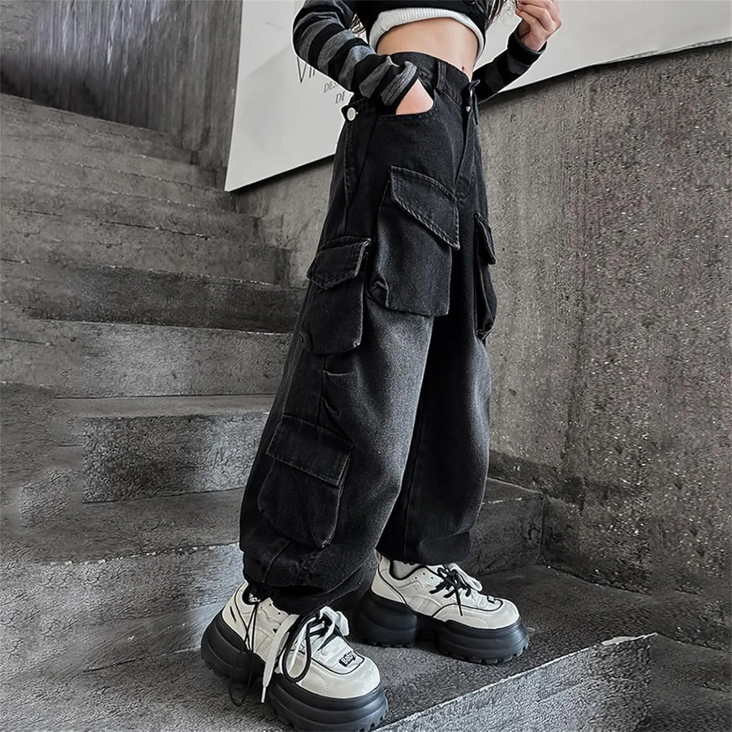 Girls's Jeans - Wide Leg Flare Cargo Jeans - Boot Cut Bell Bottom Denim Pants - Baggy Blue Jeans for Girls