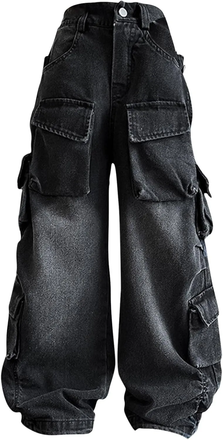 Girls's Jeans - Wide Leg Flare Cargo Jeans - Boot Cut Bell Bottom Denim Pants - Baggy Blue Jeans for Girls