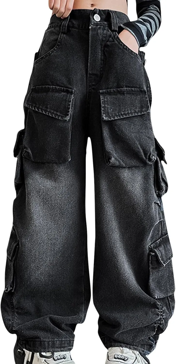 Girls's Jeans - Wide Leg Flare Cargo Jeans - Boot Cut Bell Bottom Denim Pants - Baggy Blue Jeans for Girls