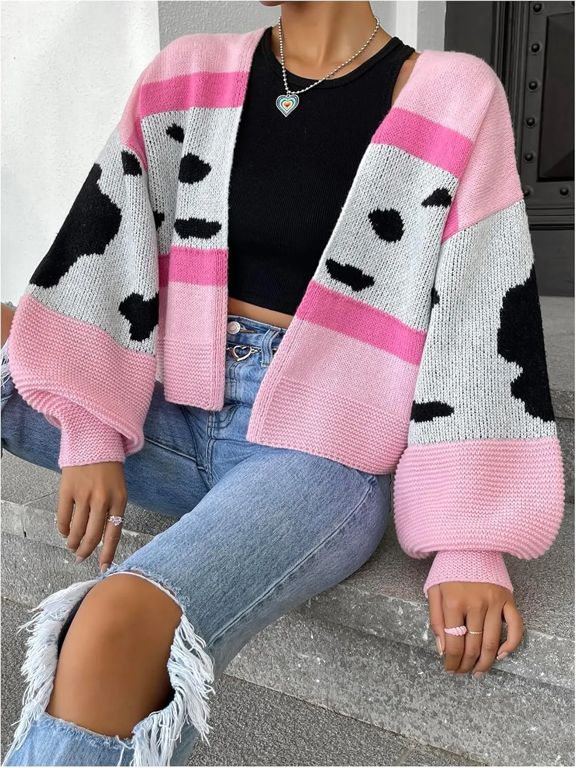 GORGLITTER Women's Colorful Chunky Cardigan Sweater Long Sleeve Knit Leopard Pullover Tops
