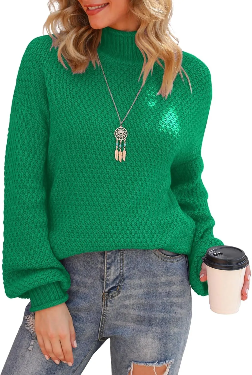 Jouica Women's Turtleneck Oversized Sweaters Batwing Long Sleeve Pullover Loose Chunky Knit Jumper