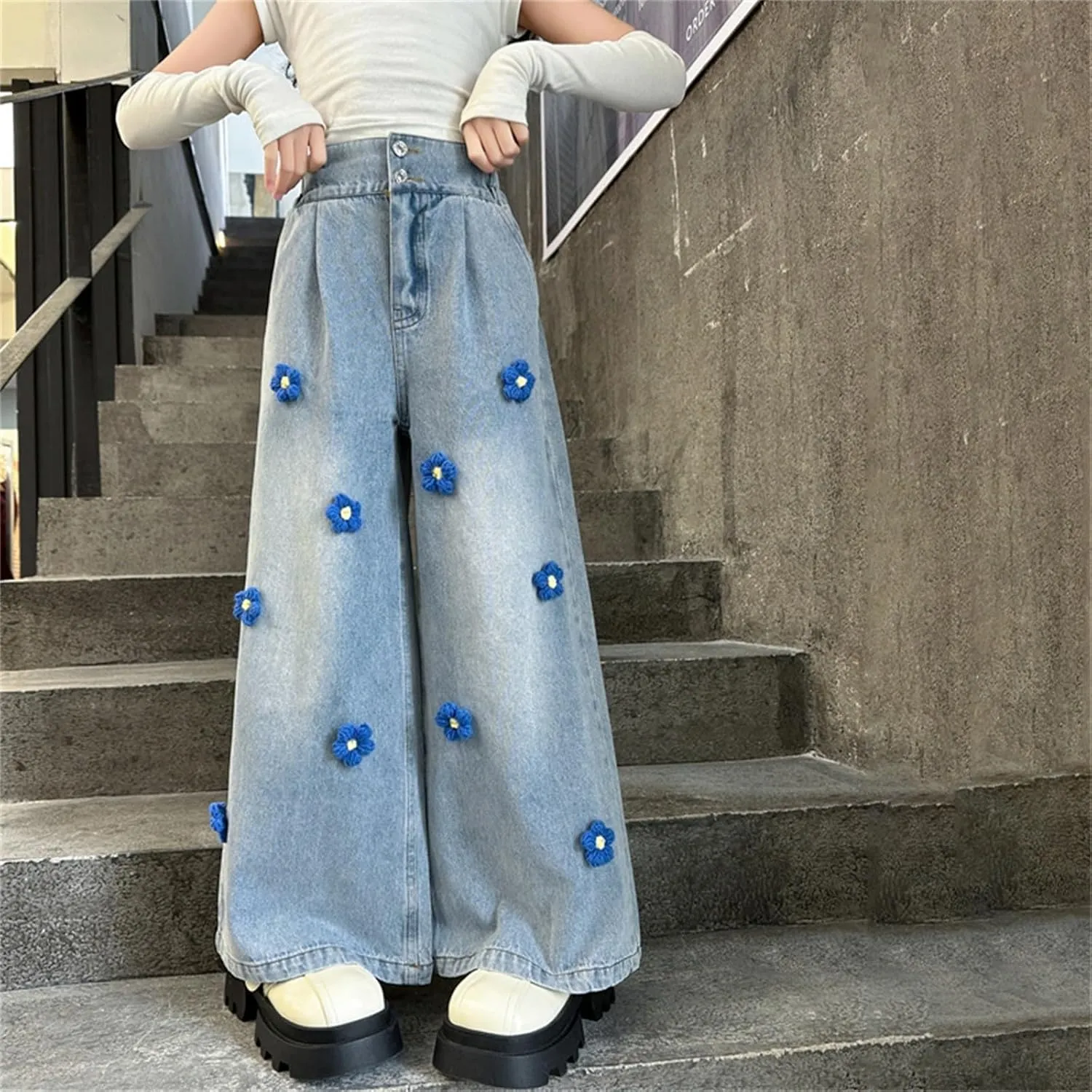 Kids Girls Jeans Denim Cargo Pants Casual Baggy Wide Leg Jeans High Waist Floor Length Jeans with Pockets