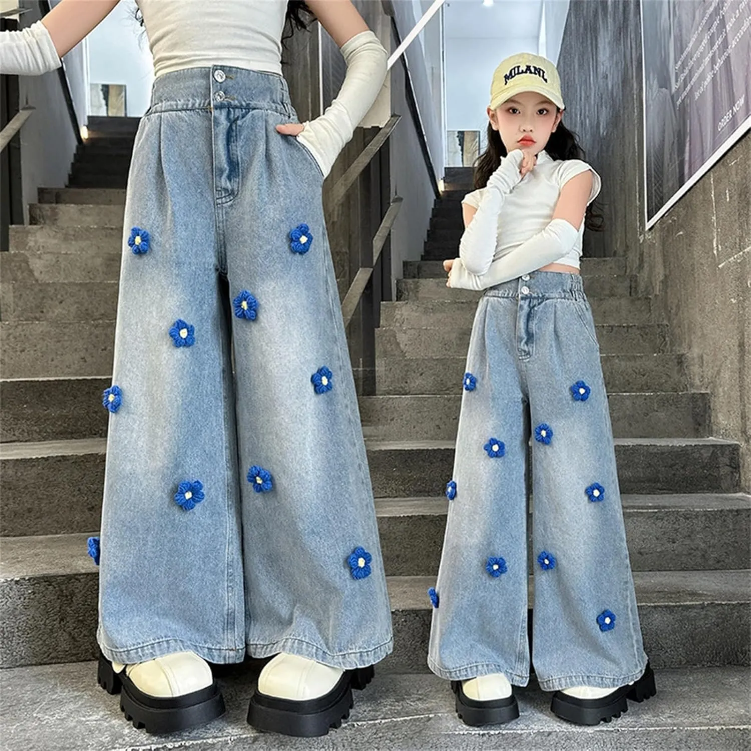 Kids Girls Jeans Denim Cargo Pants Casual Baggy Wide Leg Jeans High Waist Floor Length Jeans with Pockets