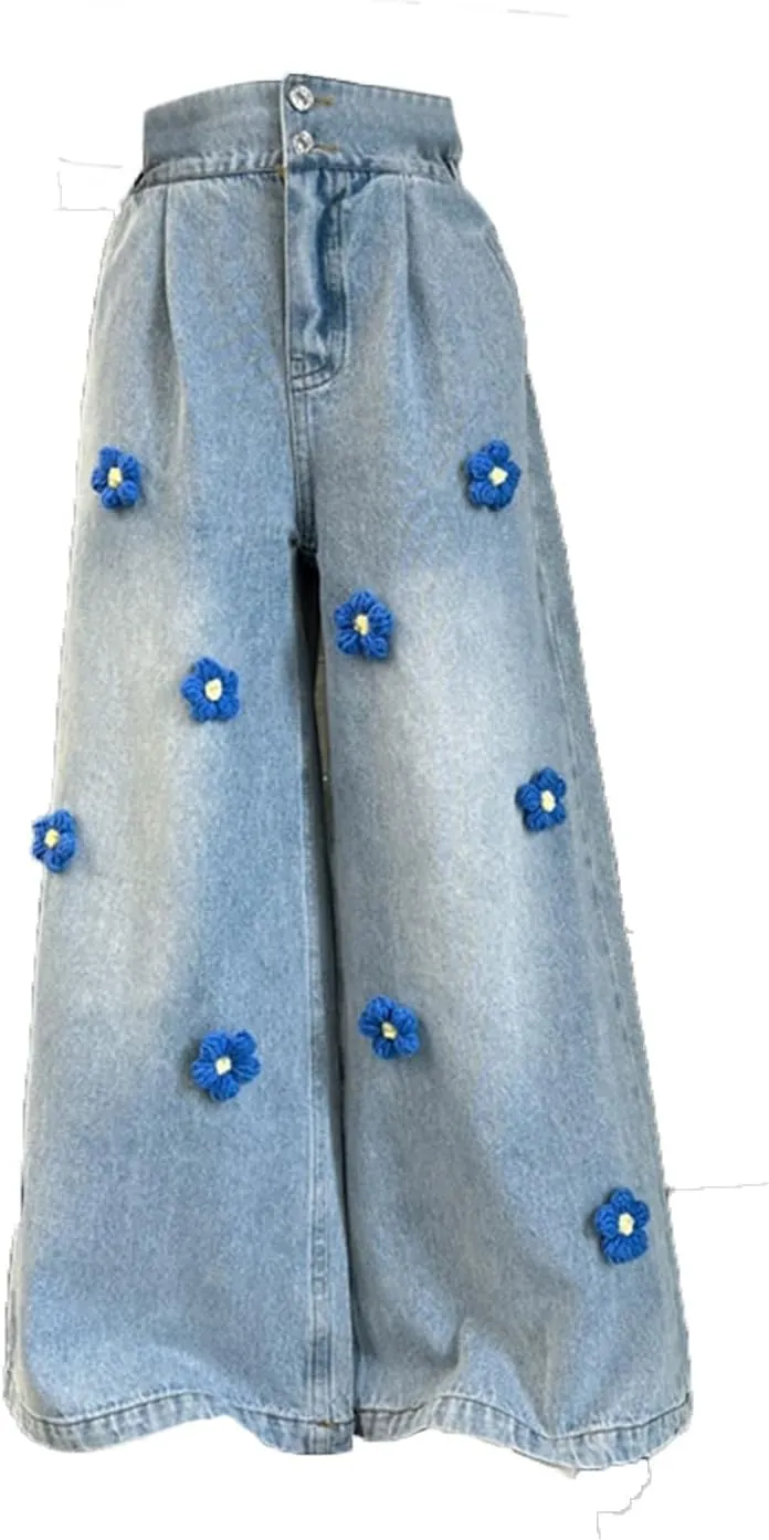 Kids Girls Jeans Denim Cargo Pants Casual Baggy Wide Leg Jeans High Waist Floor Length Jeans with Pockets