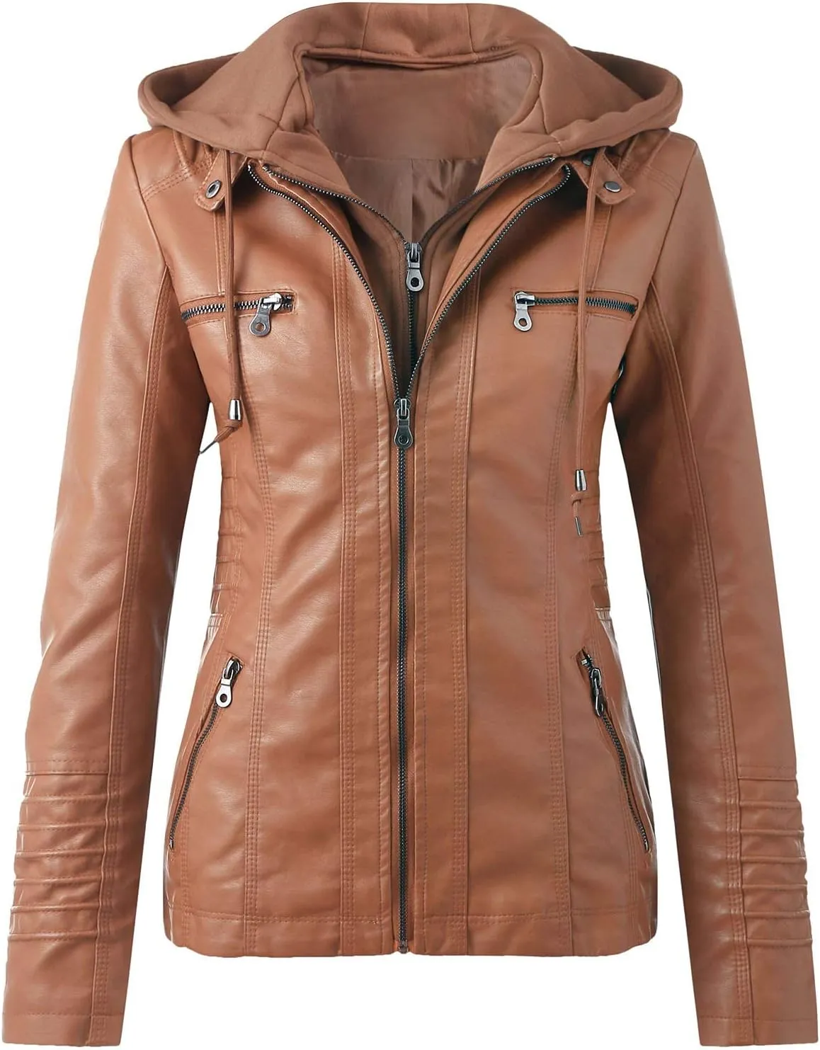 LCMTWX Brown Jacket Women Full Zip Snap Stand Collar Long Sleeve Outwear Cool Slim Jacket Coat for Vacation Daily Biker