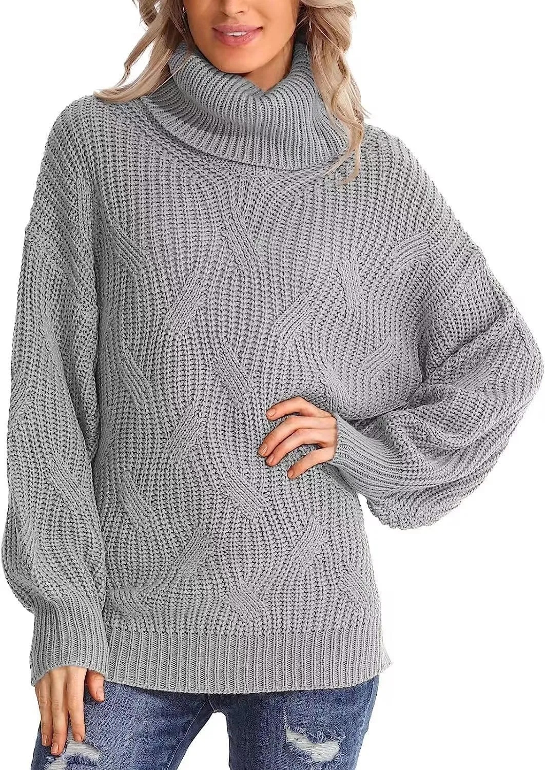 Melliflo Womens Oversized Turtleneck Long Sleeve Cable Knit Sweater Solid Loose Casual Cozy Chunky Pullover Tops