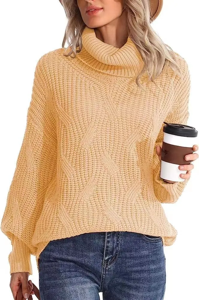 Melliflo Womens Oversized Turtleneck Long Sleeve Cable Knit Sweater Solid Loose Casual Cozy Chunky Pullover Tops