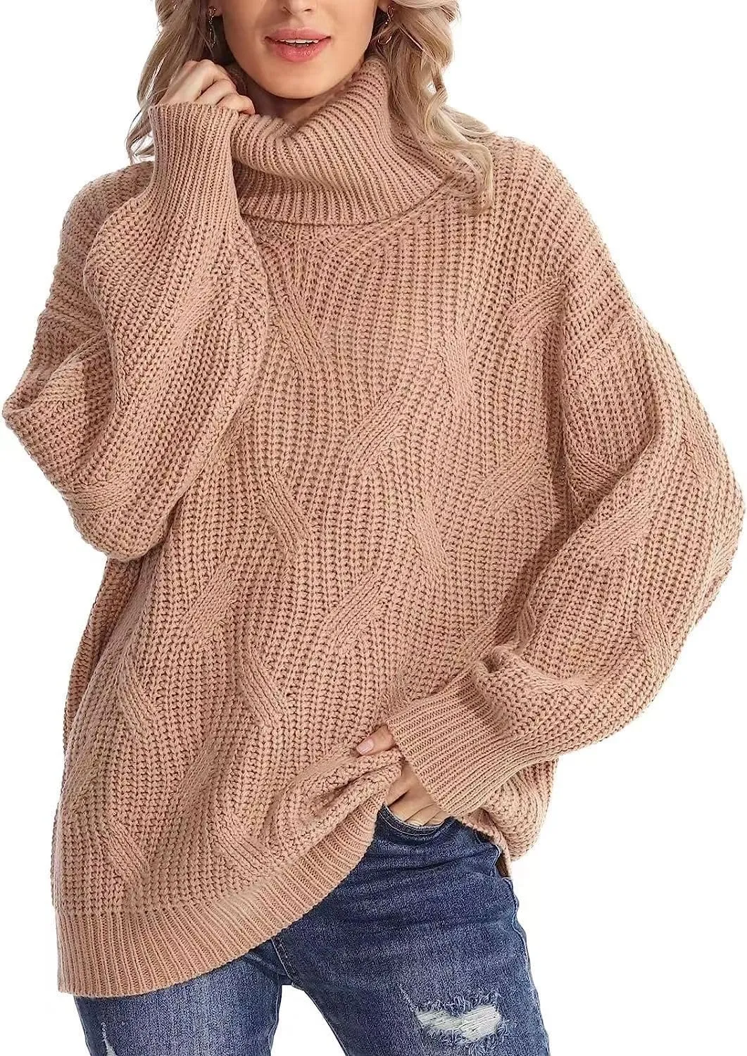 Melliflo Womens Oversized Turtleneck Long Sleeve Cable Knit Sweater Solid Loose Casual Cozy Chunky Pullover Tops
