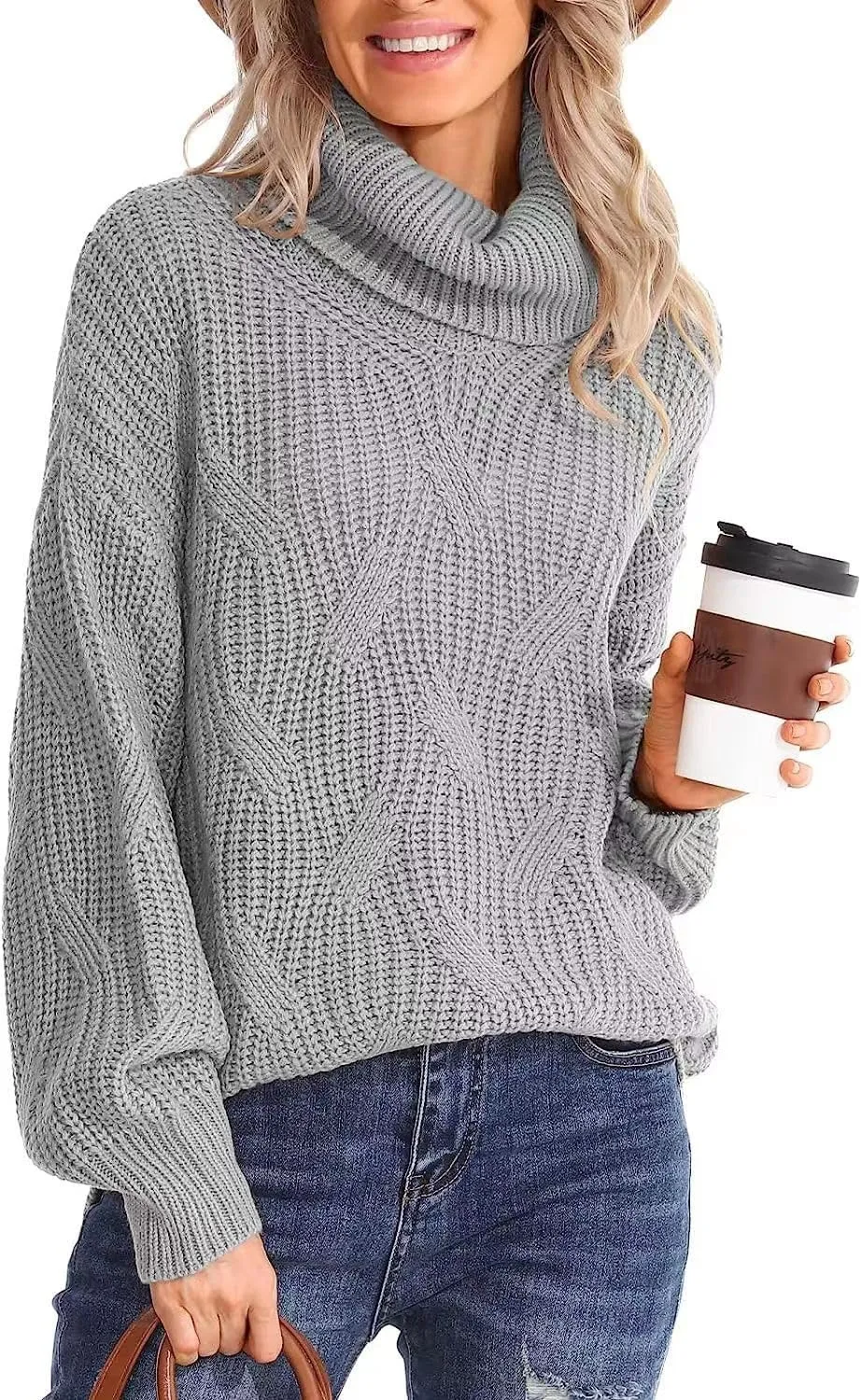 Melliflo Womens Oversized Turtleneck Long Sleeve Cable Knit Sweater Solid Loose Casual Cozy Chunky Pullover Tops