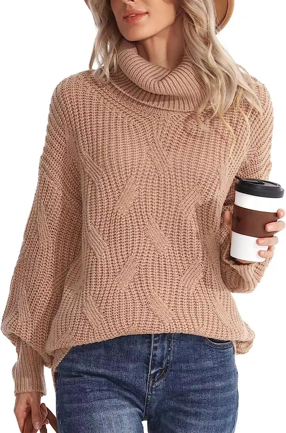 Melliflo Womens Oversized Turtleneck Long Sleeve Cable Knit Sweater Solid Loose Casual Cozy Chunky Pullover Tops