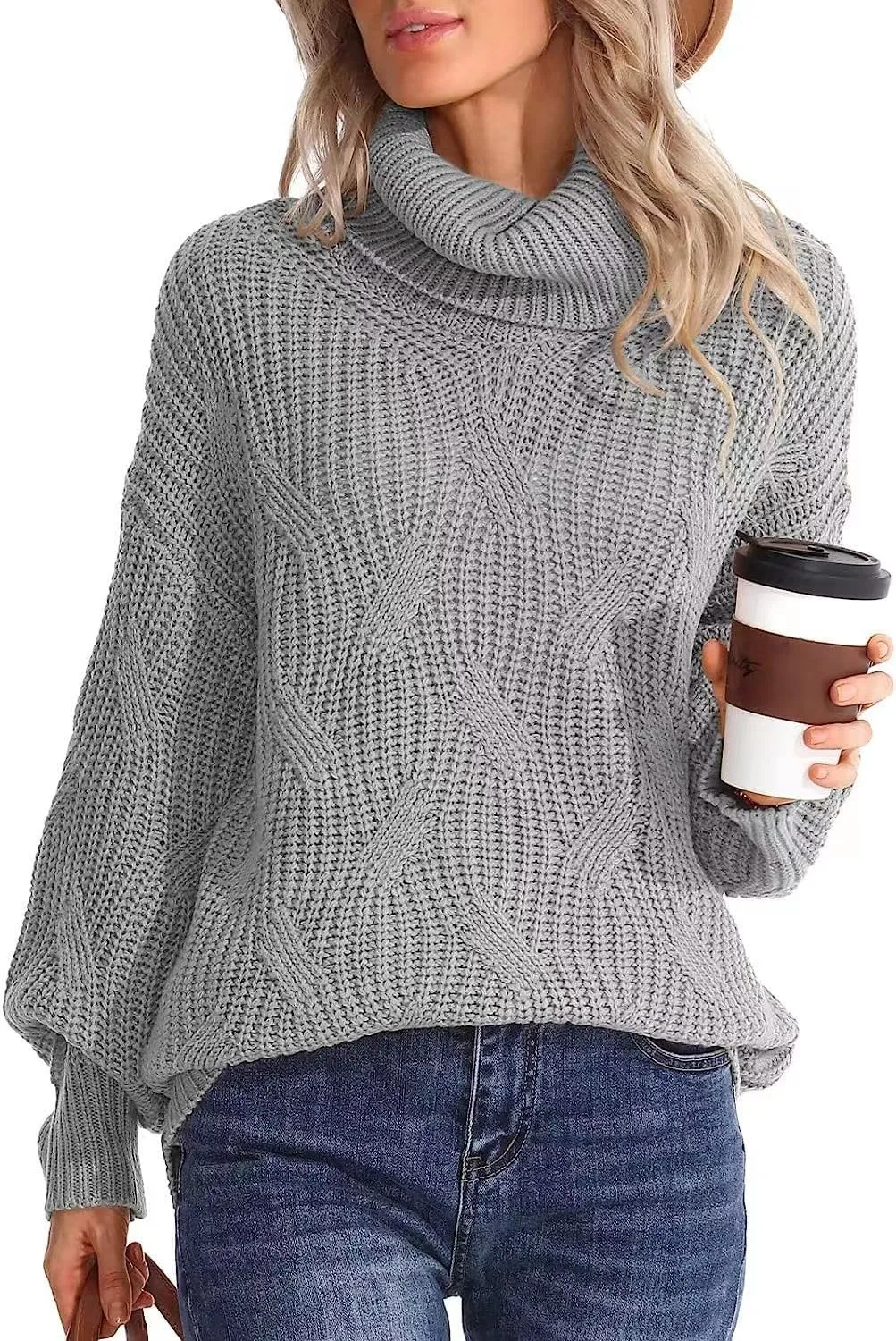 Melliflo Womens Oversized Turtleneck Long Sleeve Cable Knit Sweater Solid Loose Casual Cozy Chunky Pullover Tops
