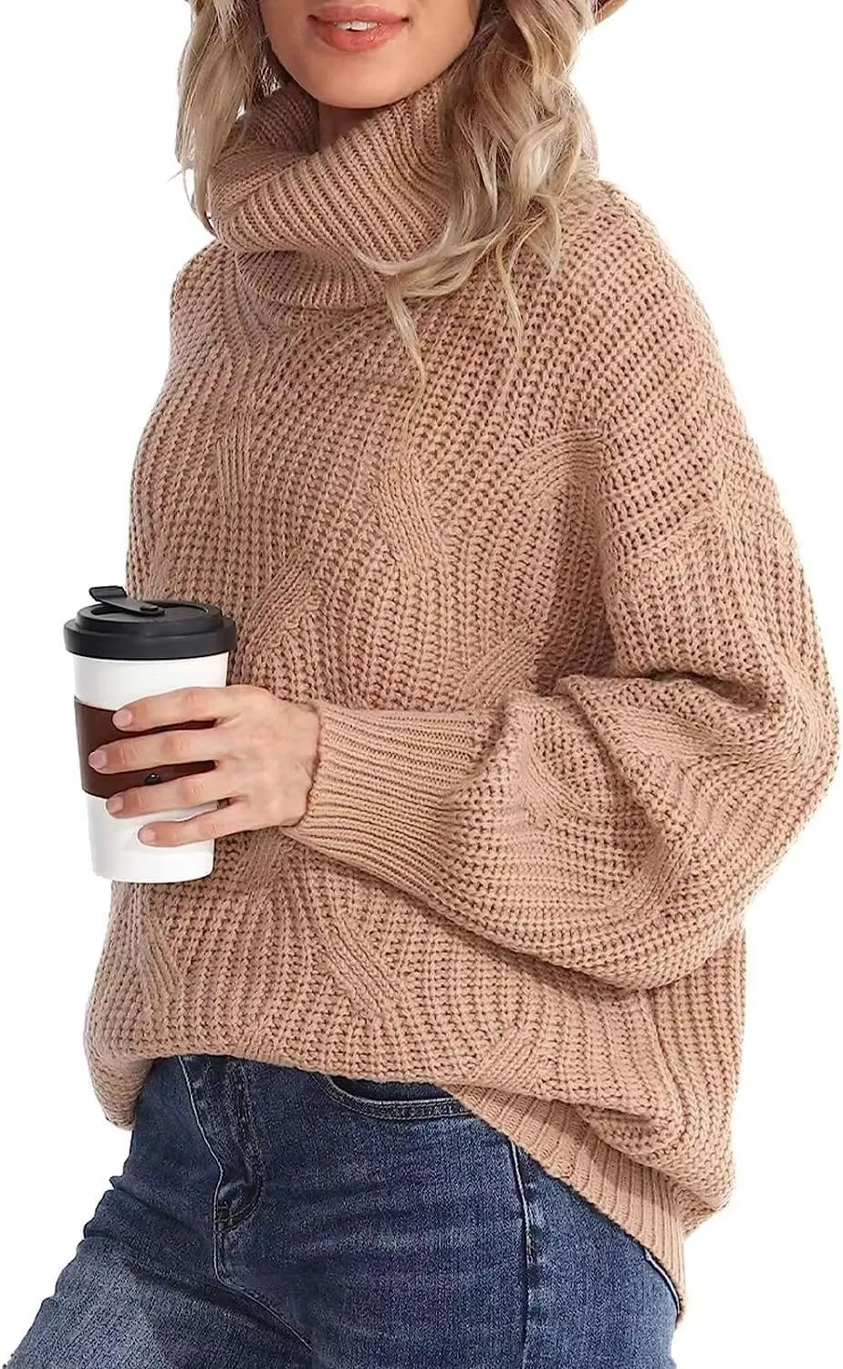 Melliflo Womens Oversized Turtleneck Long Sleeve Cable Knit Sweater Solid Loose Casual Cozy Chunky Pullover Tops