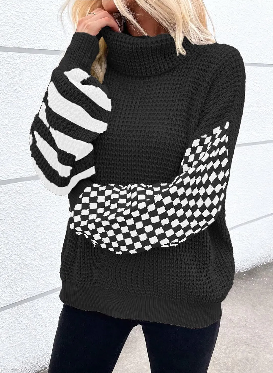 Melliflo Womens Plaid Striped Turtleneck Sweater Long Sleeve Waffle Knit Oversized Sweater Casual Cozy Chunky Pullover