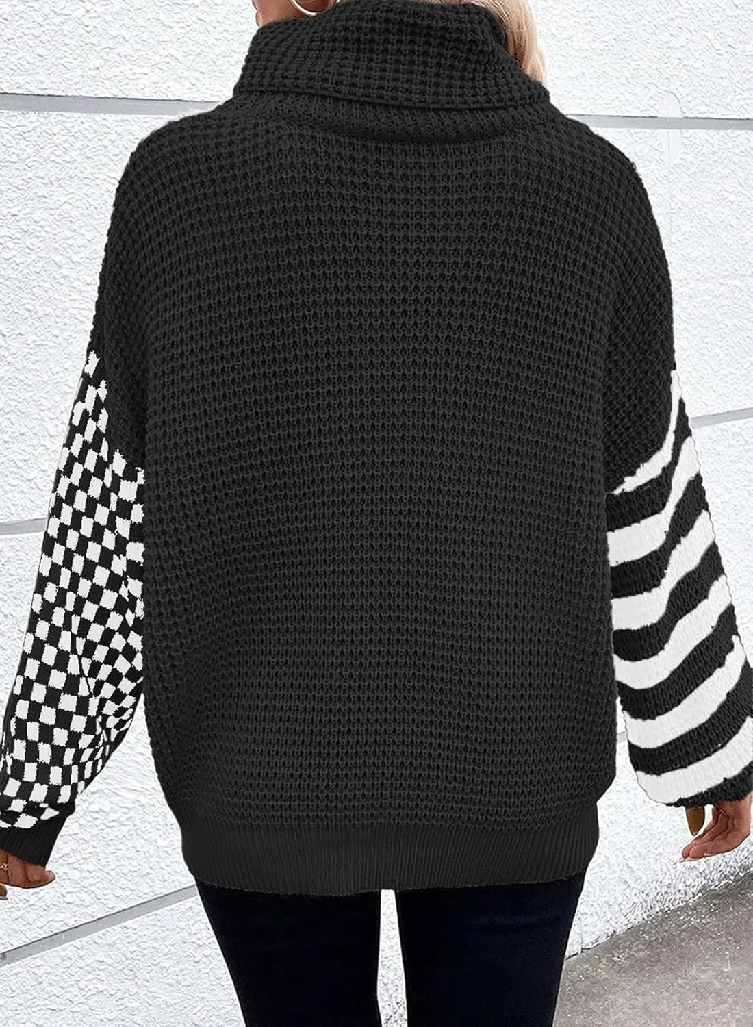Melliflo Womens Plaid Striped Turtleneck Sweater Long Sleeve Waffle Knit Oversized Sweater Casual Cozy Chunky Pullover