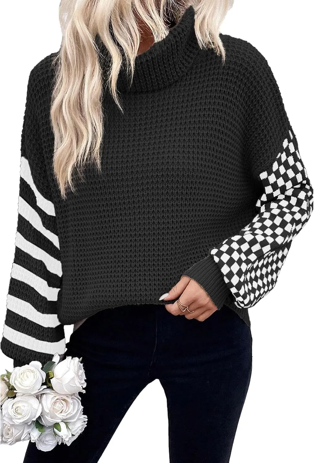 Melliflo Womens Plaid Striped Turtleneck Sweater Long Sleeve Waffle Knit Oversized Sweater Casual Cozy Chunky Pullover