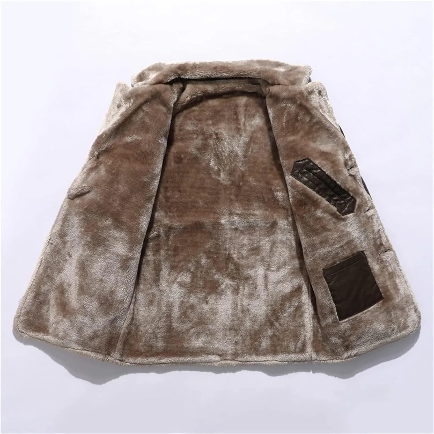 Mens Faux Leather Jacket Sherpa Lined Shearling Faux Fur Collar Lapel Long Trench Coats Single-Breasted Winter Coat