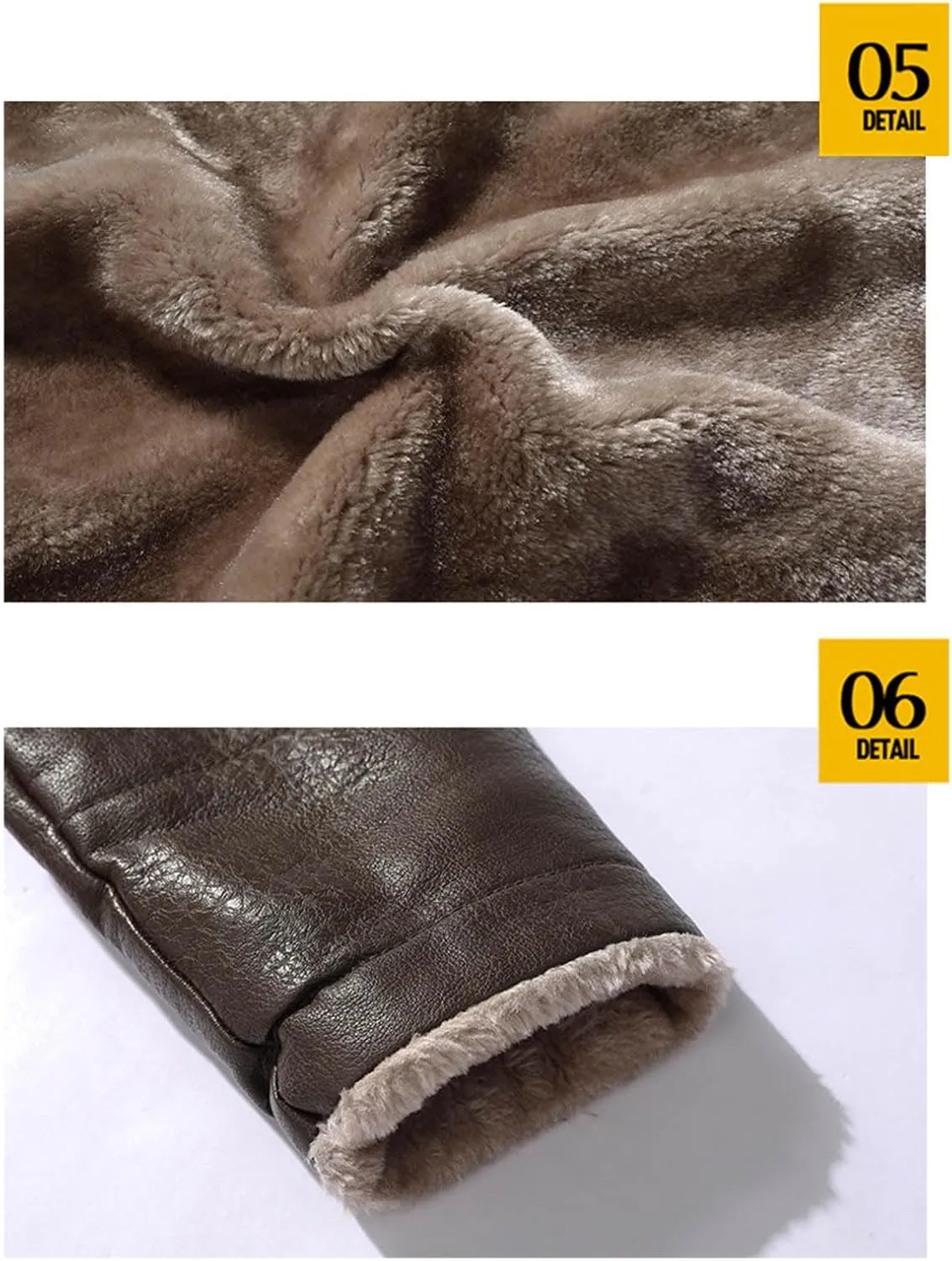 Mens Faux Leather Jacket Sherpa Lined Shearling Faux Fur Collar Lapel Long Trench Coats Single-Breasted Winter Coat
