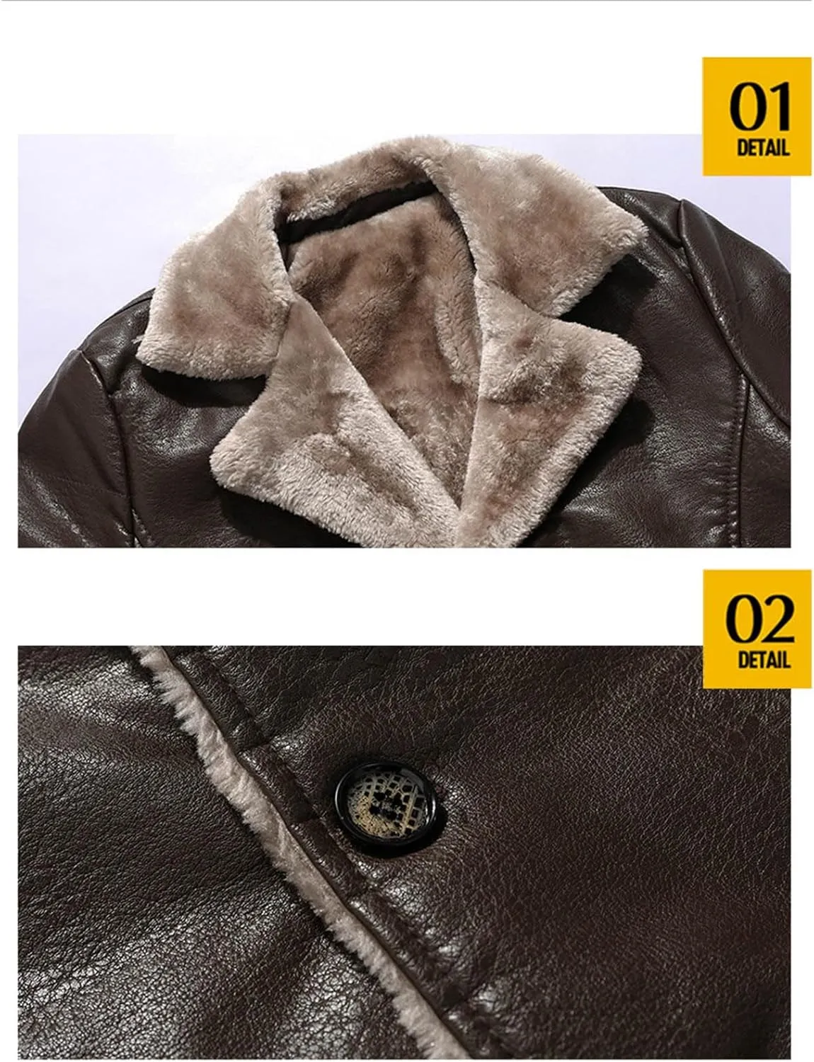 Mens Faux Leather Jacket Sherpa Lined Shearling Faux Fur Collar Lapel Long Trench Coats Single-Breasted Winter Coat