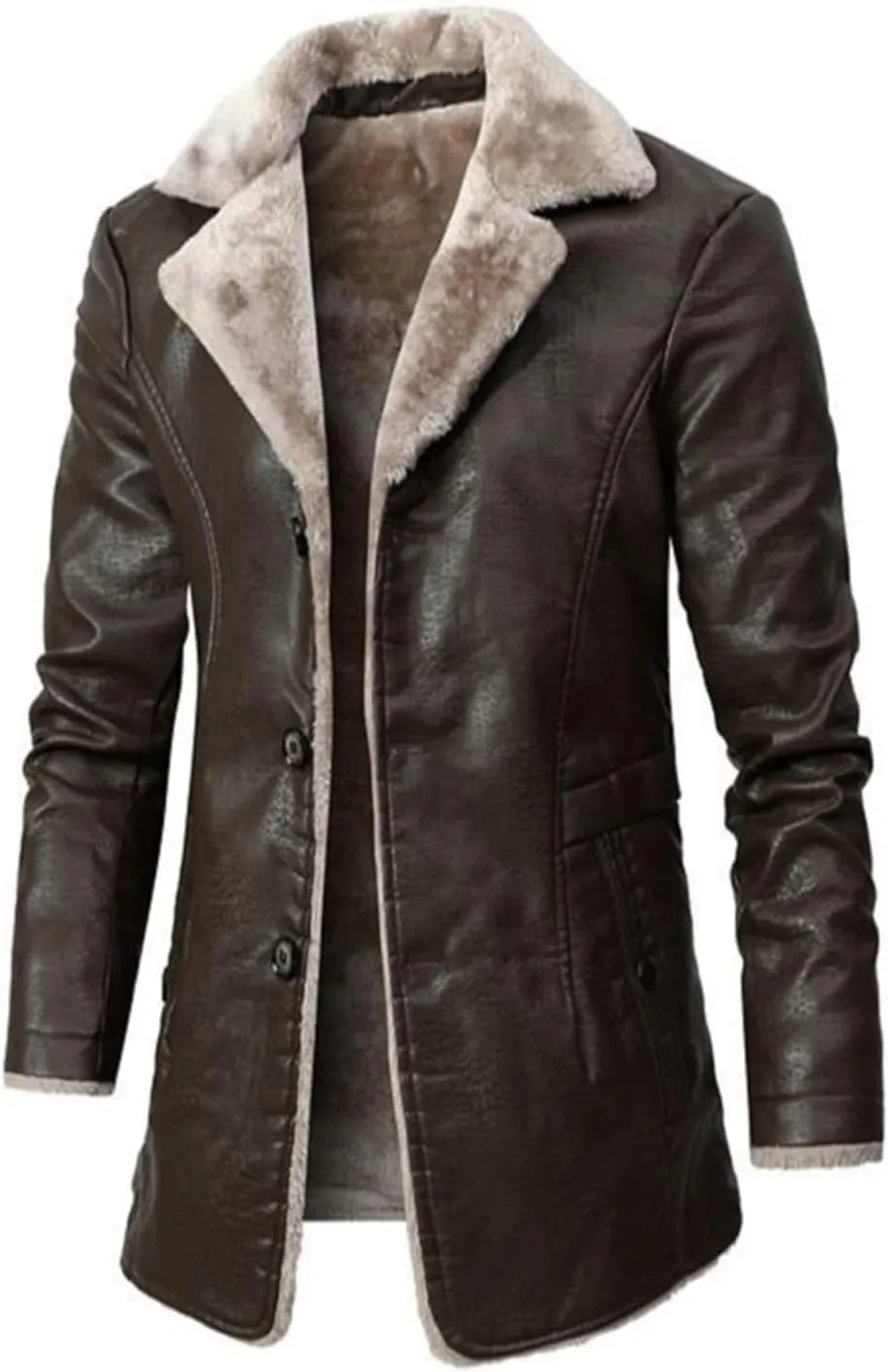 Mens Faux Leather Jacket Sherpa Lined Shearling Faux Fur Collar Lapel Long Trench Coats Single-Breasted Winter Coat