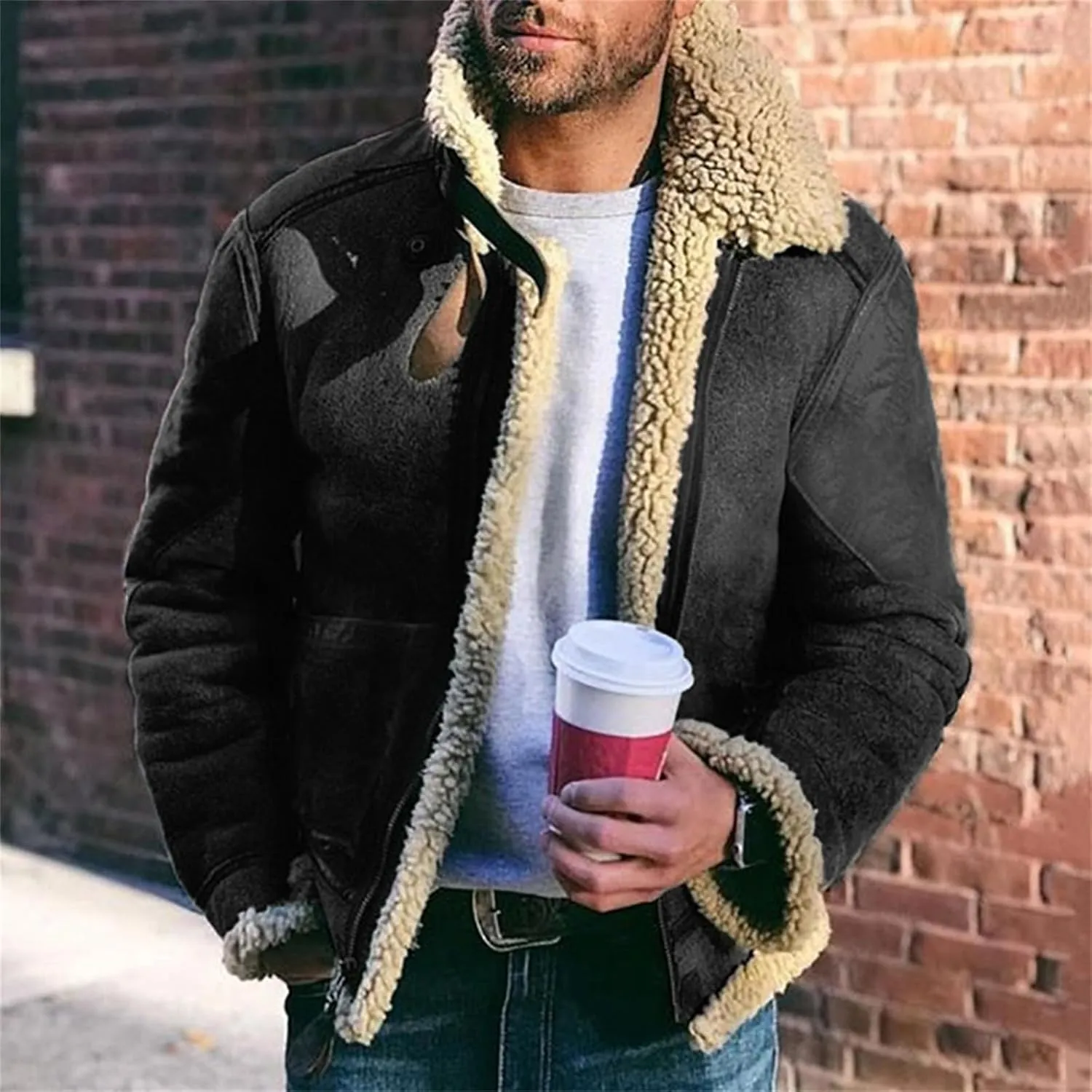Men's Fleece Sherpa Lined Faux Leather Jackets Winter Thick Warm Heavyweight Faux Fur Lapel Collar Bomber Coats