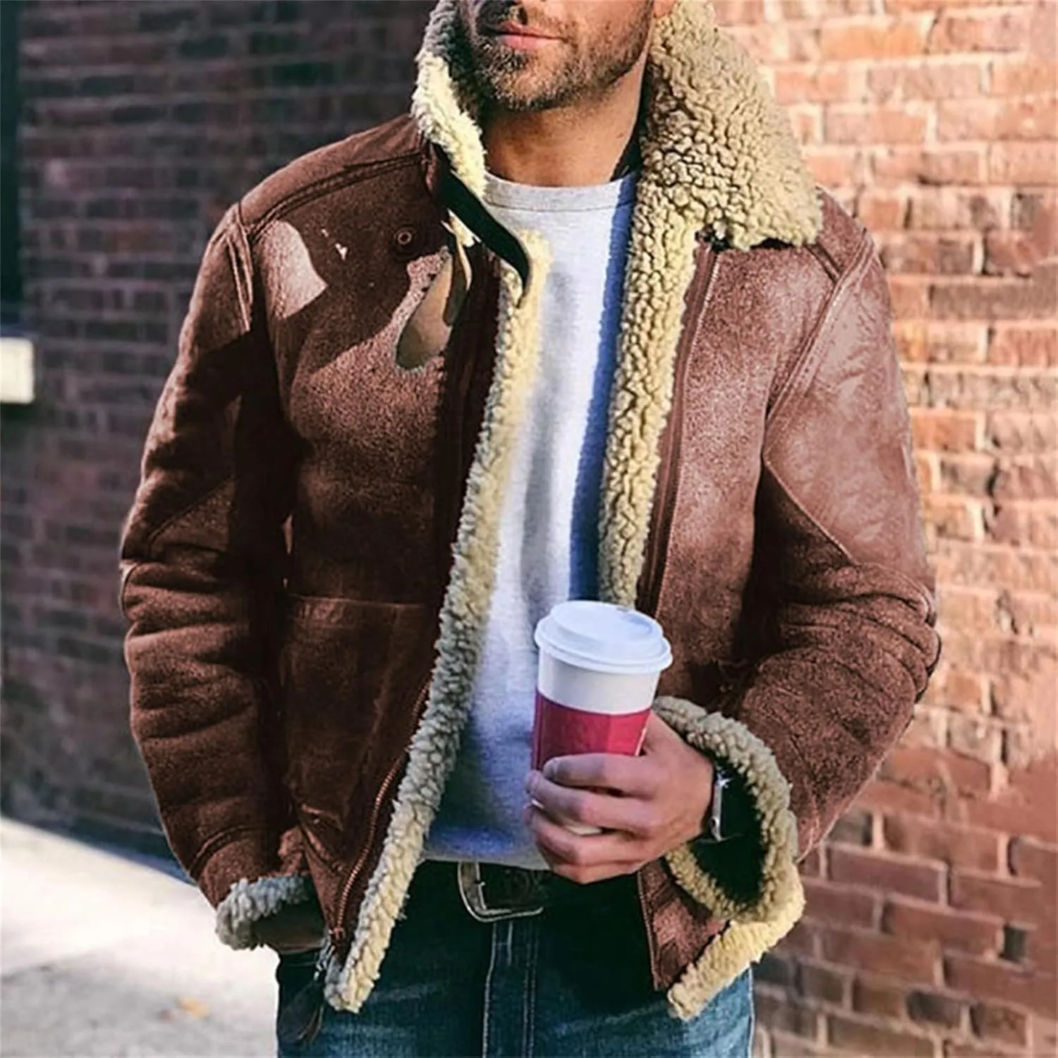 Men's Fleece Sherpa Lined Faux Leather Jackets Winter Thick Warm Heavyweight Faux Fur Lapel Collar Bomber Coats
