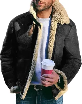 Men's Fleece Sherpa Lined Faux Leather Jackets Winter Thick Warm Heavyweight Faux Fur Lapel Collar Bomber Coats