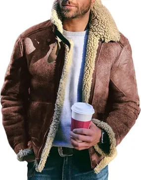 Men's Fleece Sherpa Lined Faux Leather Jackets Winter Thick Warm Heavyweight Faux Fur Lapel Collar Bomber Coats